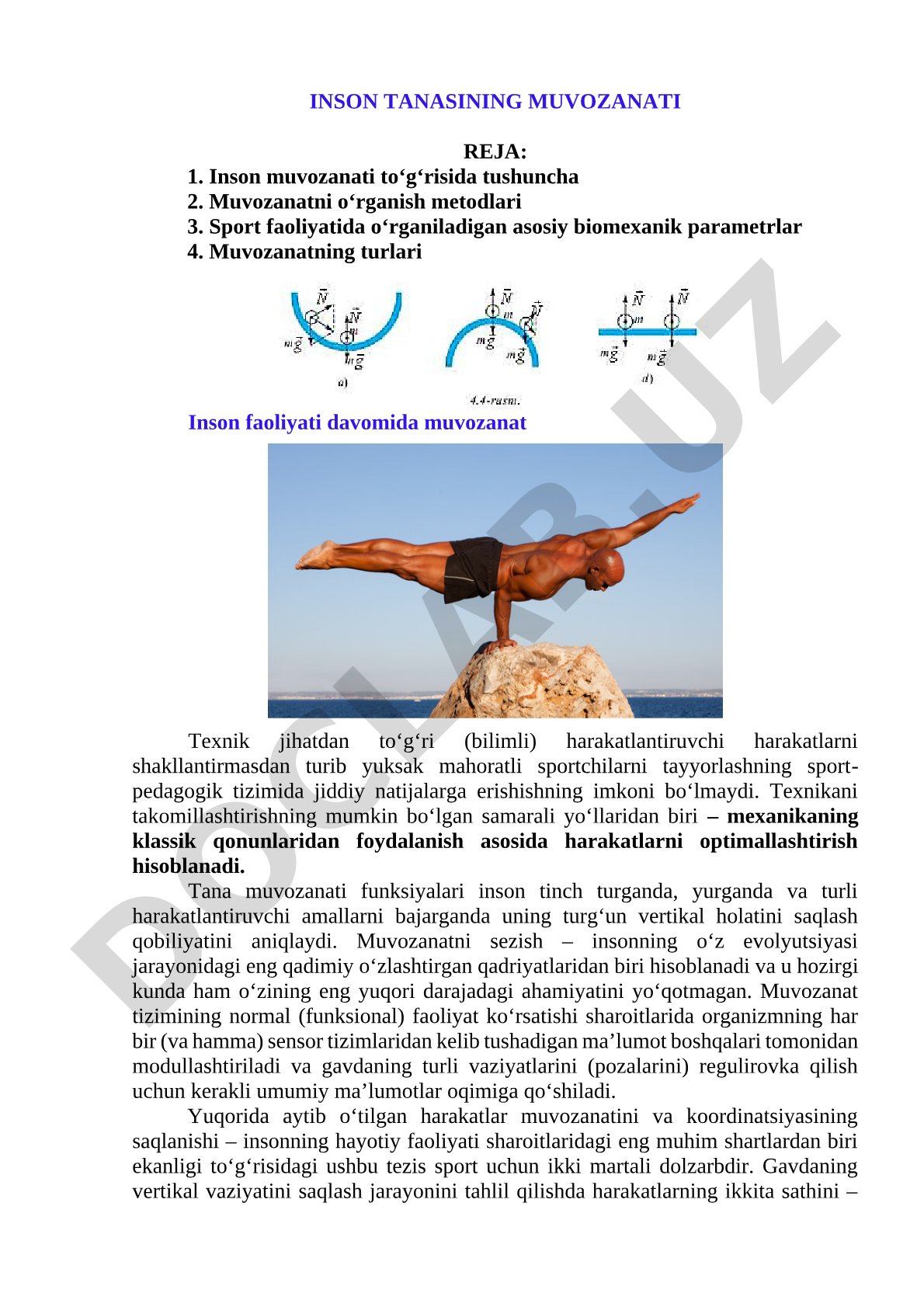 Inson tanasi muvozanati, turlari, o‘rganish metodlari va sportdagi biomexanik parametrlar