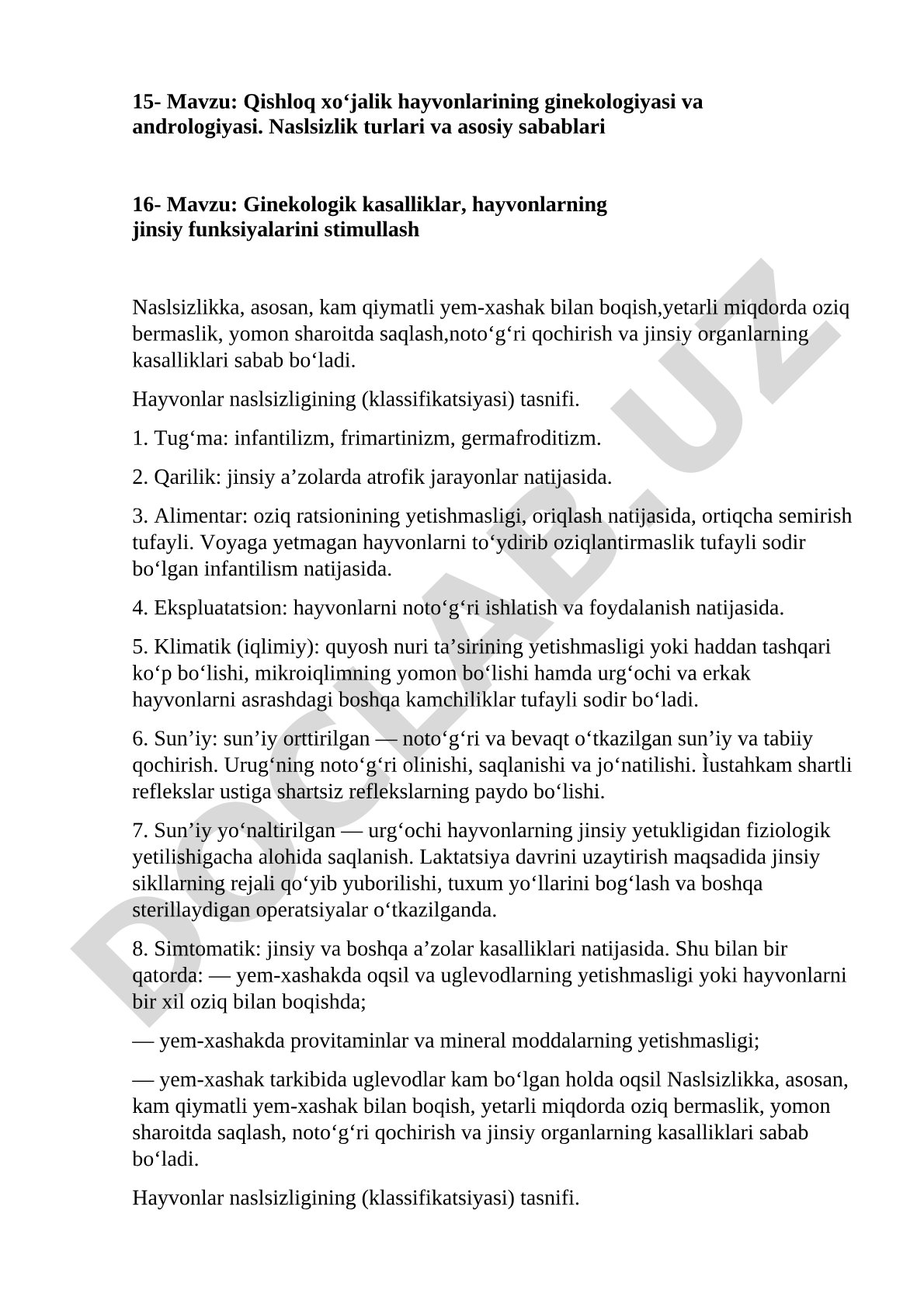 Qishloq xo‘jalik hayvonlarining ginekologiyasi va andrologiyasi. Naslsizlik turlari va asosiy sabablari