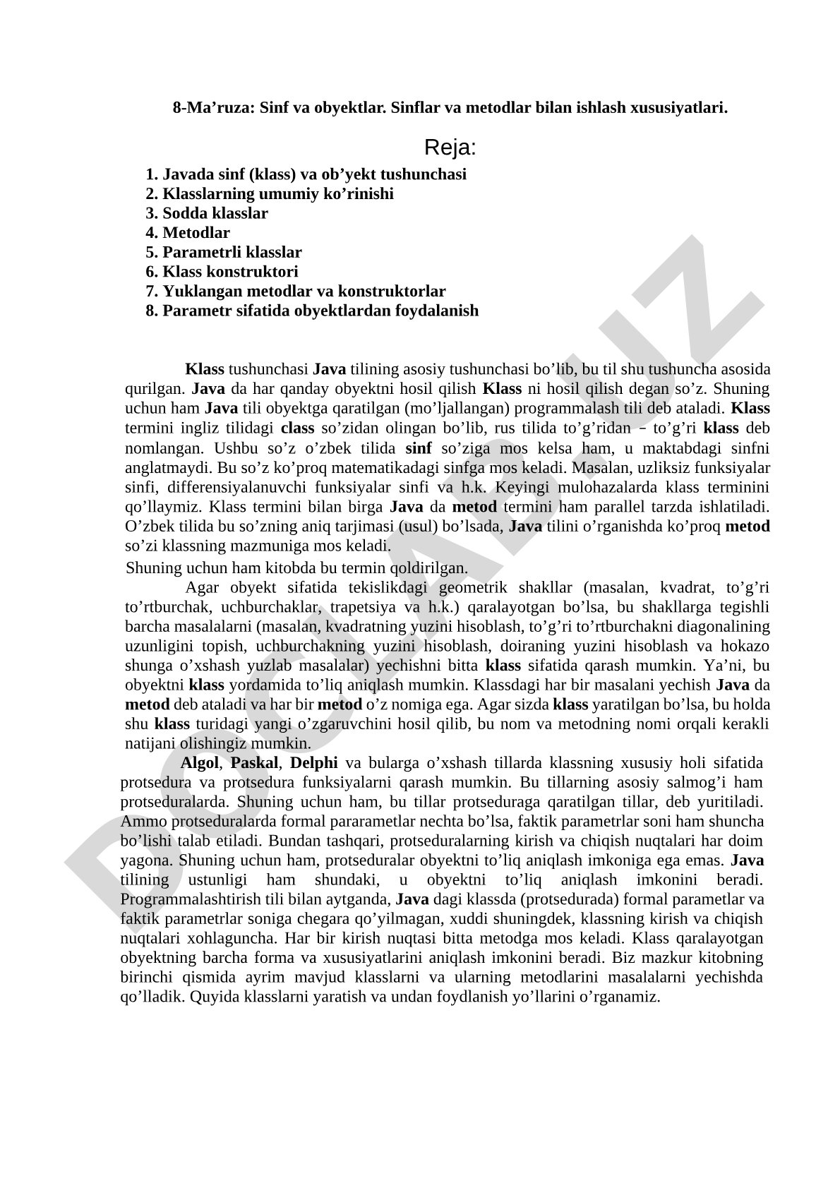 Sinf va obyektlar. Sinflar va metodlar bilan ishlash xususiyatlari