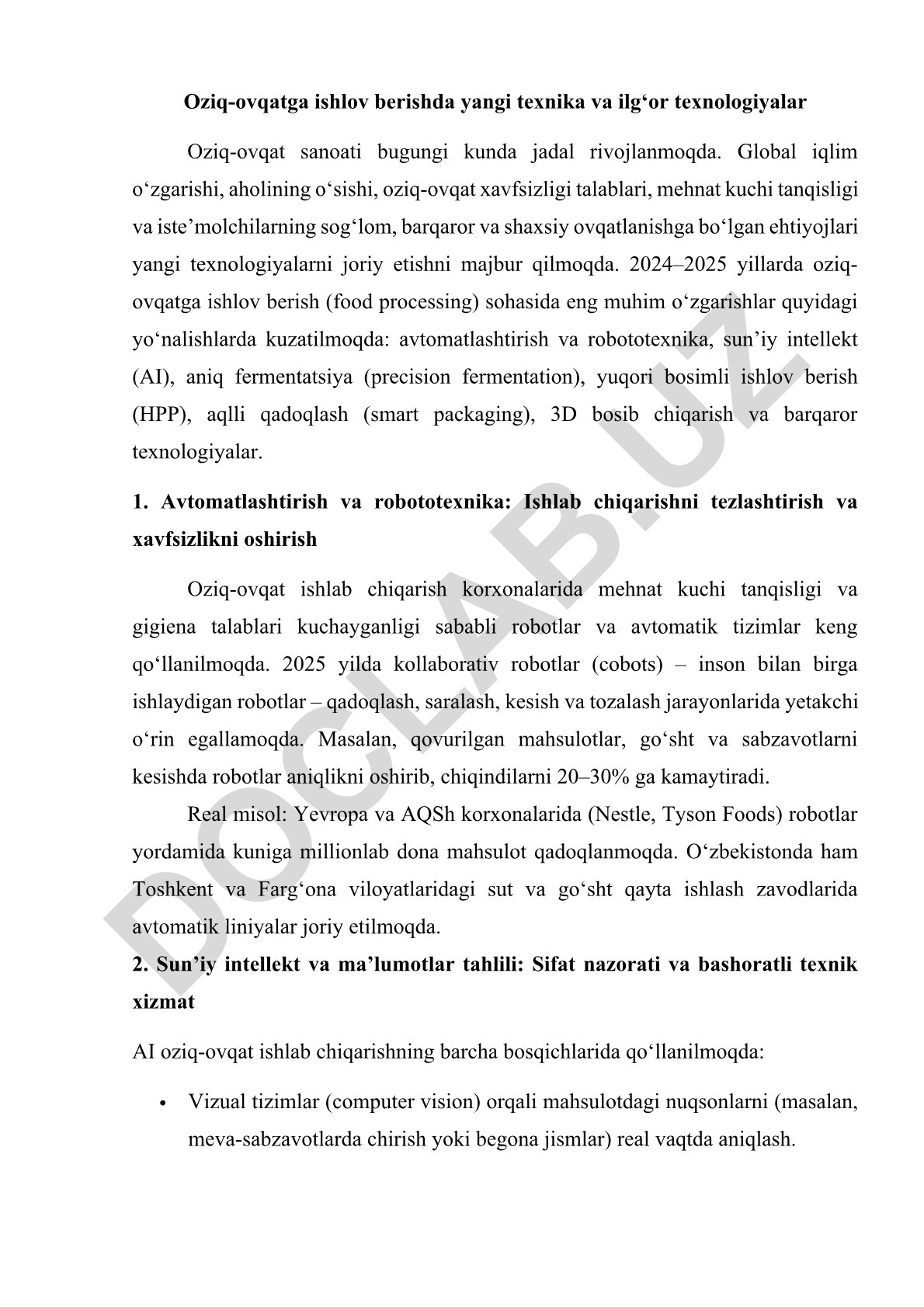Oziq-ovqatga ishlov berishda yangi texnika va ilg'or texnologiyalar