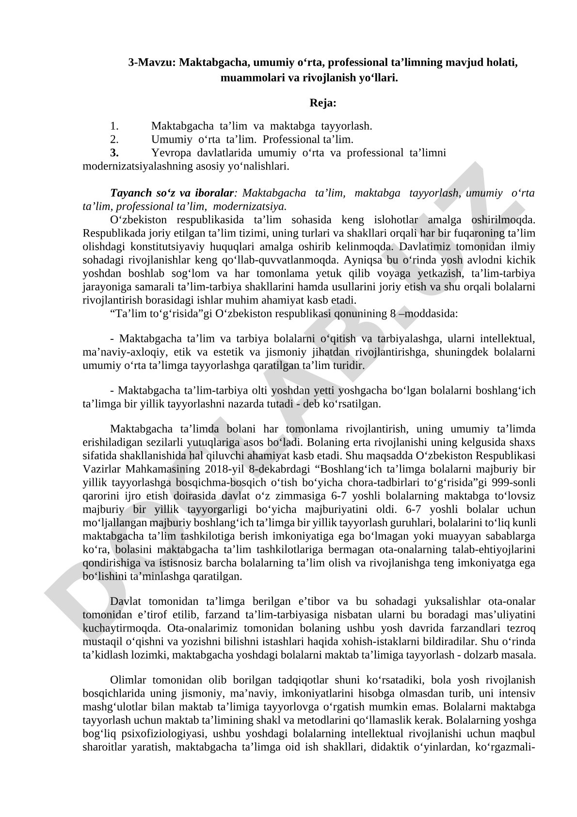 Maktabgacha, umumiy o‘rta, professional ta’limning mavjud holati, muammolari va rivojlanish yo‘llari