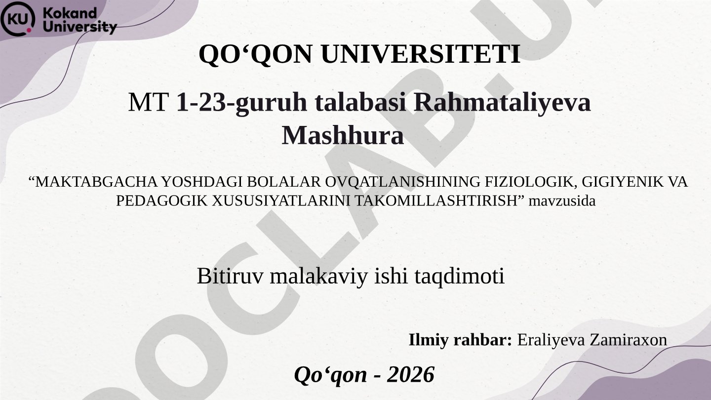 Maktabgacha yoshdagi bolalar ovqatlanishining fiziologik, gigiyenik va pedagogik xususiyatlarini takomillashtirish