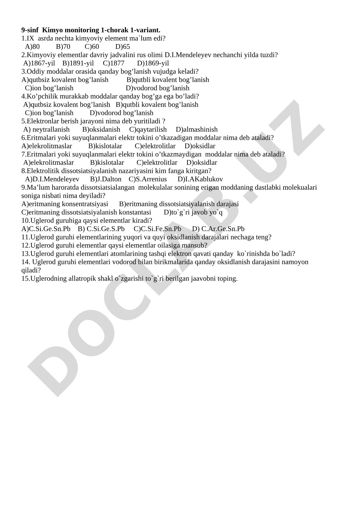 9-sinf Kimyo monitoring 1-chorak 1-variant