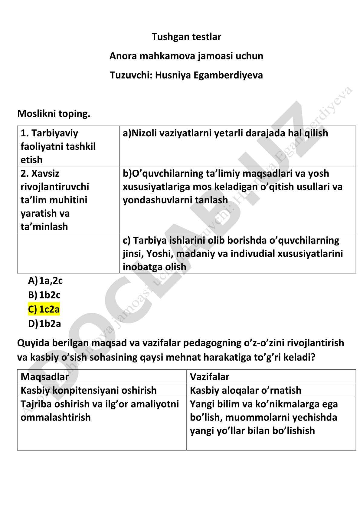 Tarbiyaviy faoliyatni tashkil etish va kasbiy rivojlanish testi
