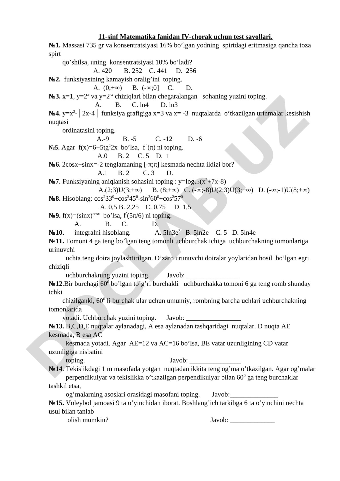 11-sinf Matematika fanidan IV-chorak uchun test savollari
