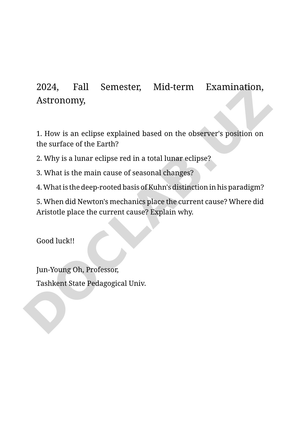 Astronomy Mid-term Examination Questions