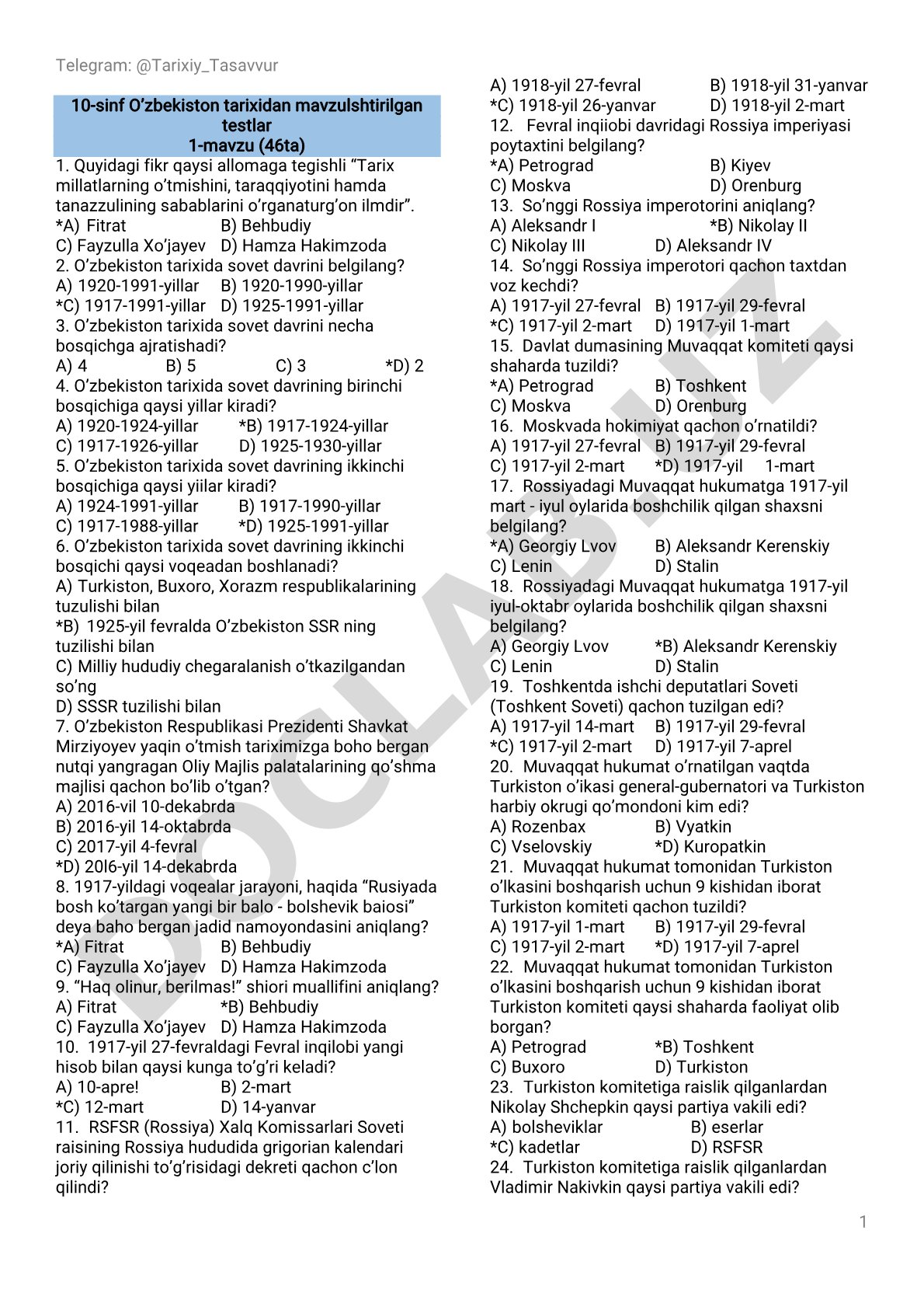 10-sinf O'zbekiston tarixidan mavzulshtirilgan testlar 1-mavzu