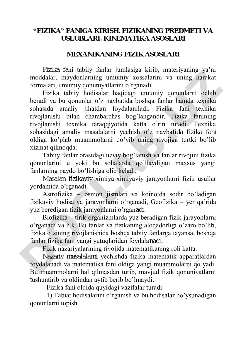 Fizika faniga kirish: predmeti, uslublari, kinematika va mexanika asoslari