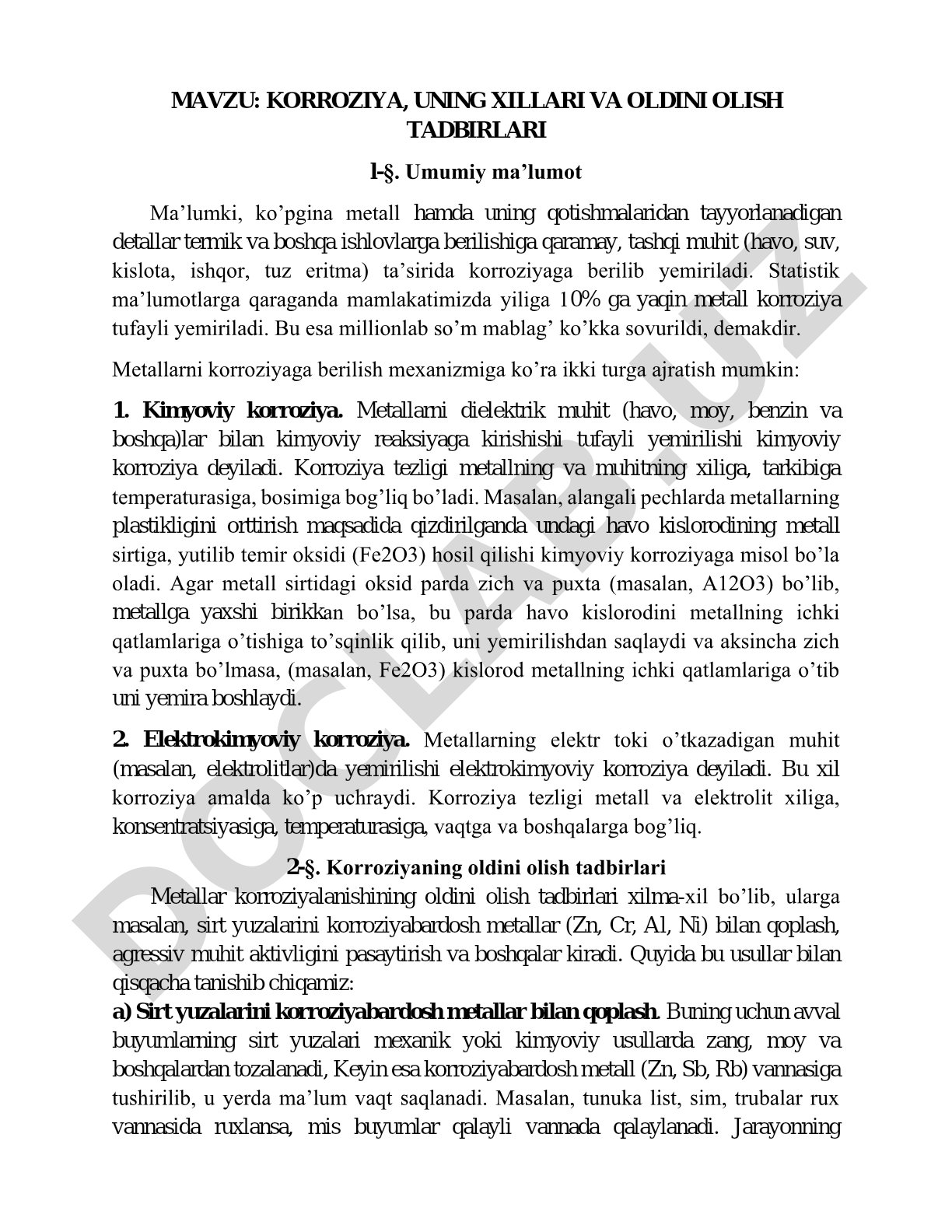 Korroziya, uning xillari va oldini olish tadbirlari