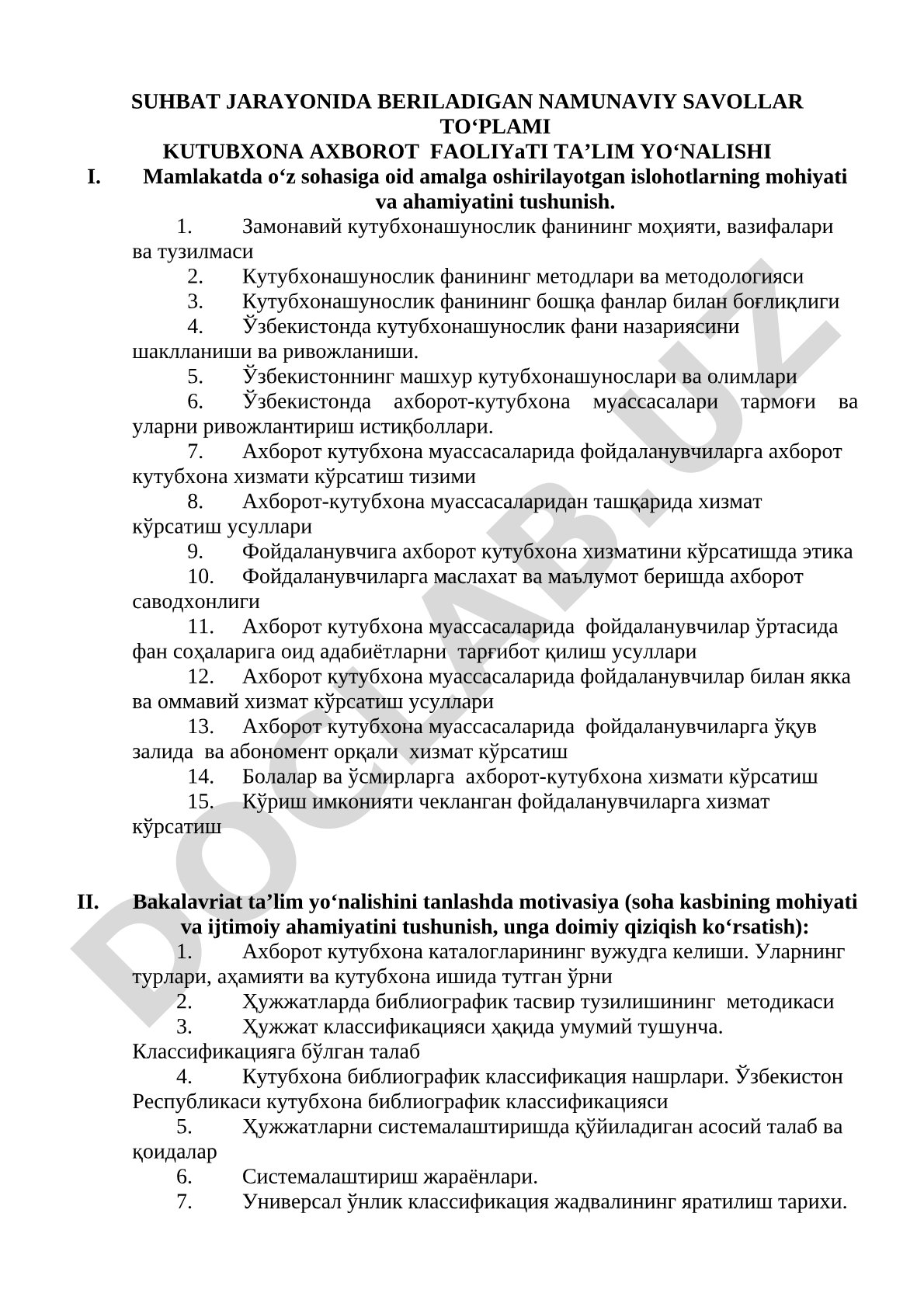 Kutubxona axborot faoliyati ta’lim yo‘nalishi bo‘yicha suhbat savollari to‘plami