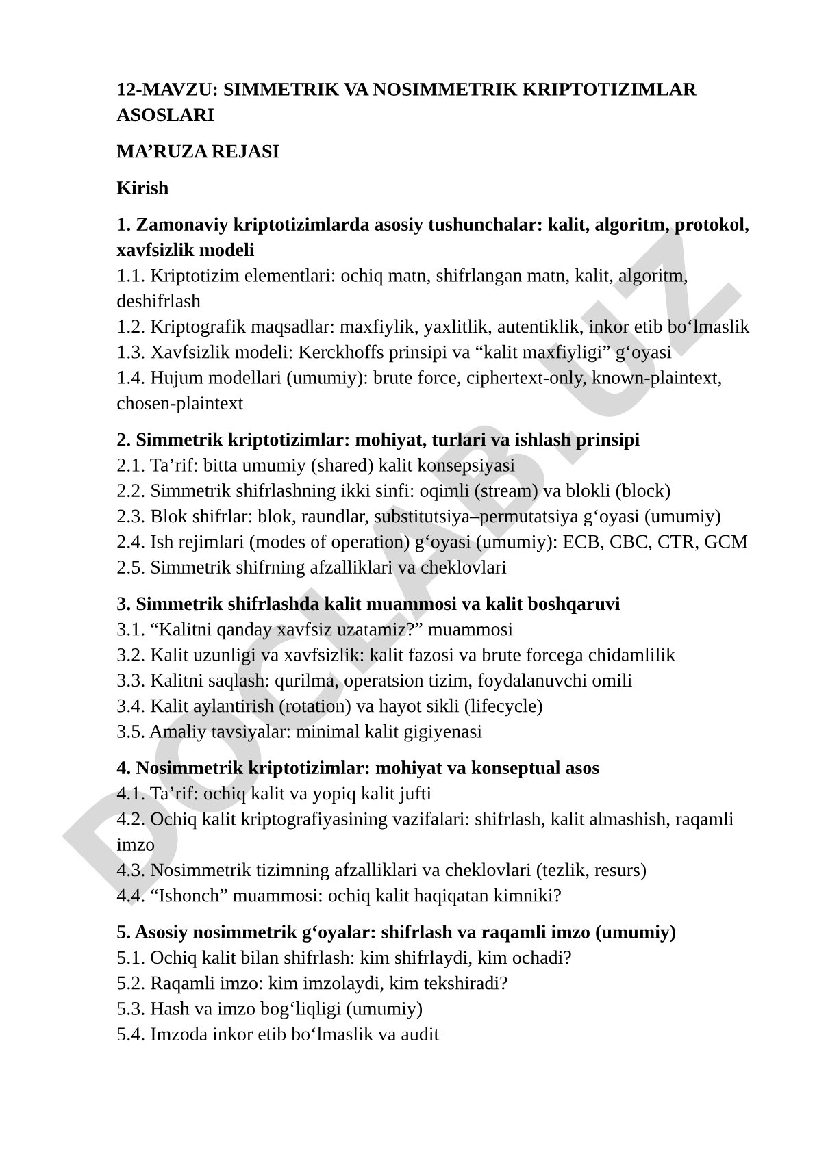 Simmetrik va nosimmetrik kriptotizimlar asoslari