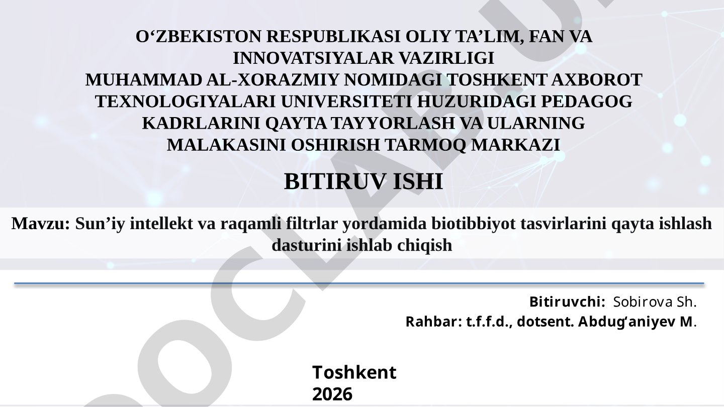 Sun’iy intellekt va raqamli filtrlar yordamida biotibbiyot tasvirlarini qayta ishlash dasturini ishlab chiqish