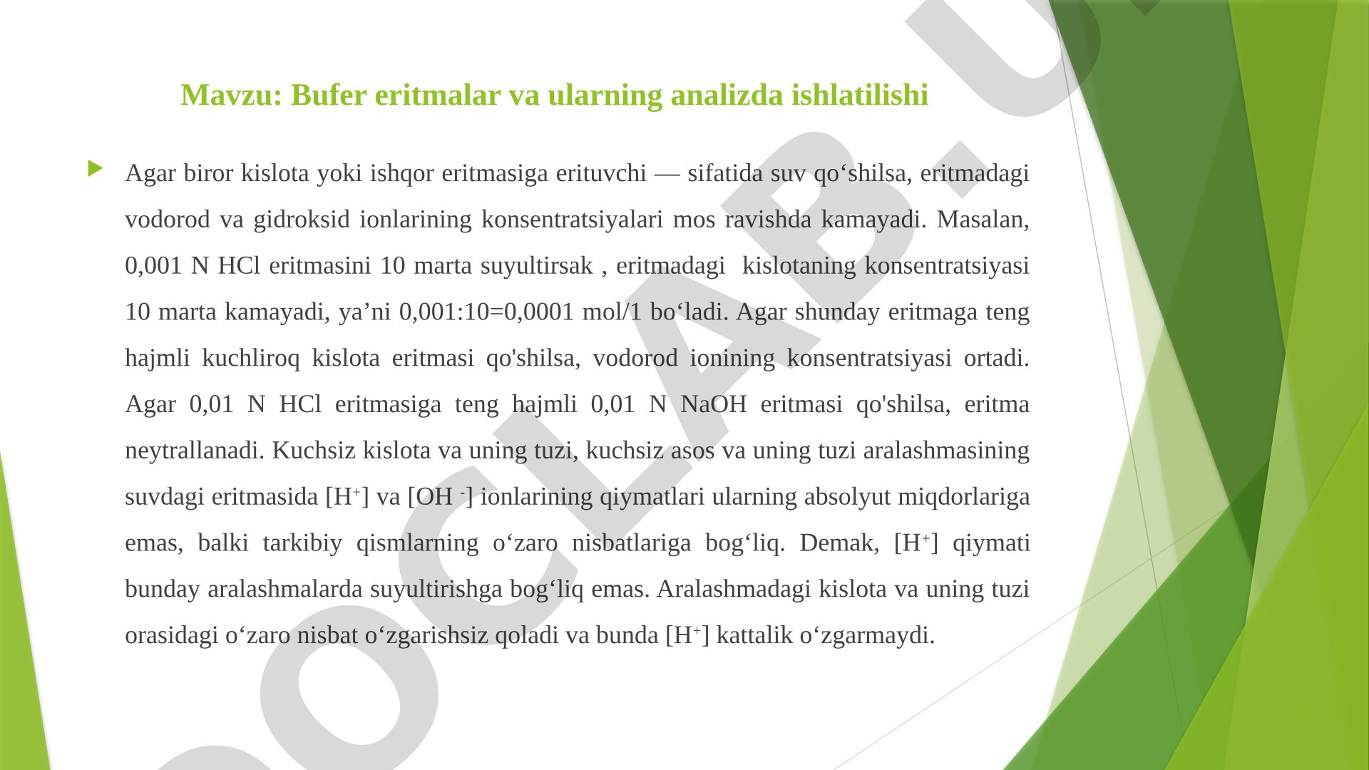 Bufer eritmalar va ularning analizda ishlatilishi