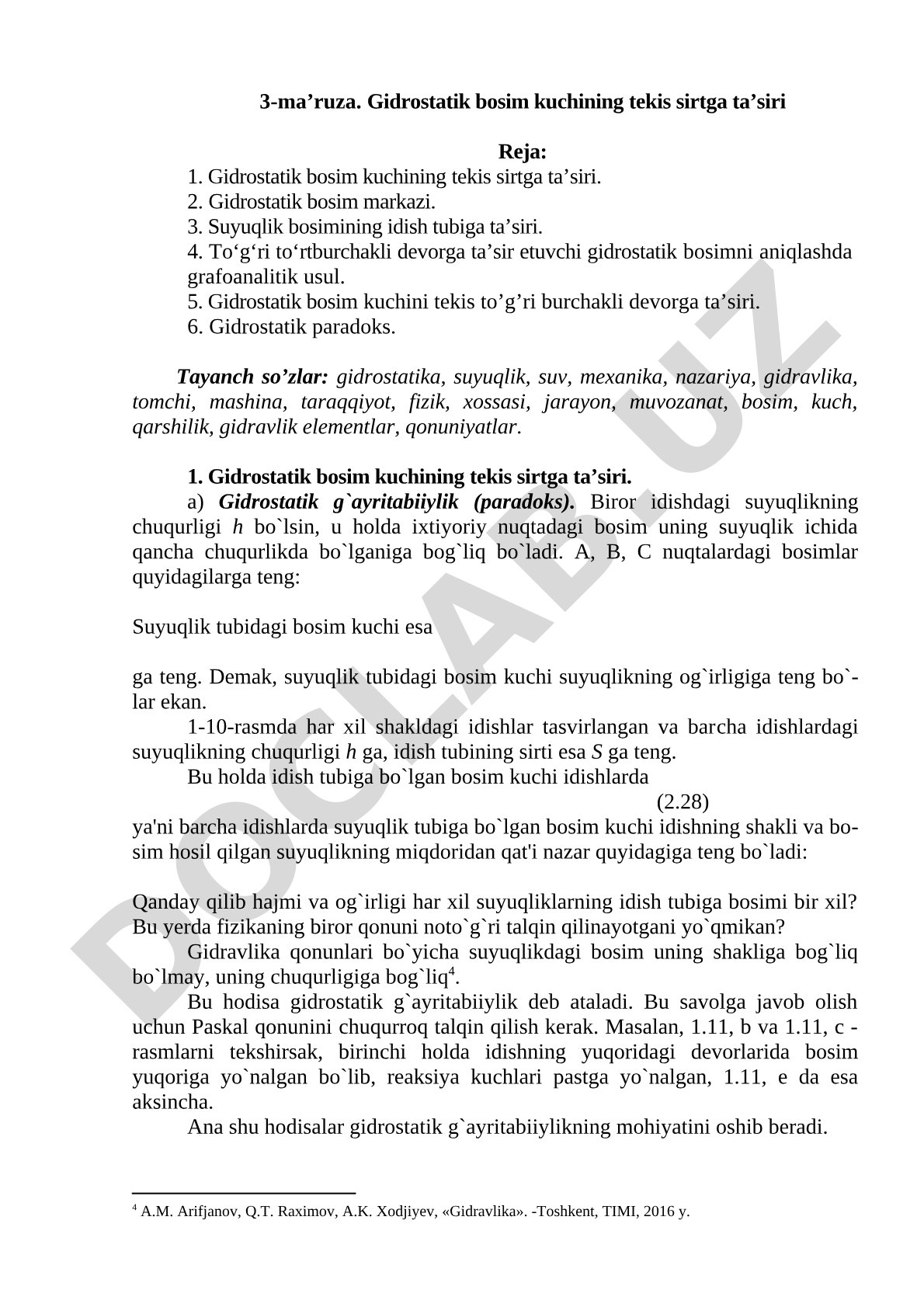 Gidrostatik bosim kuchining tekis sirtga ta’siri