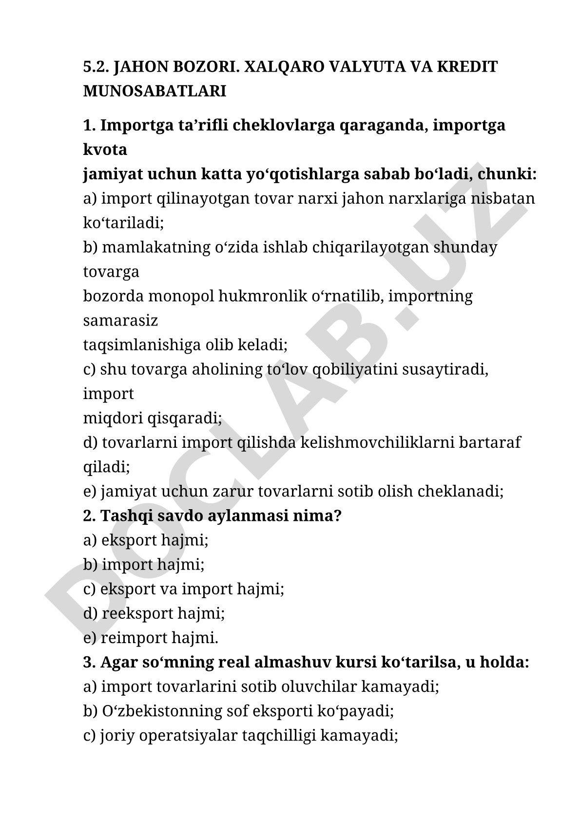 Jahon bozori, xalqaro valyuta va kredit munosabatlari test savollari