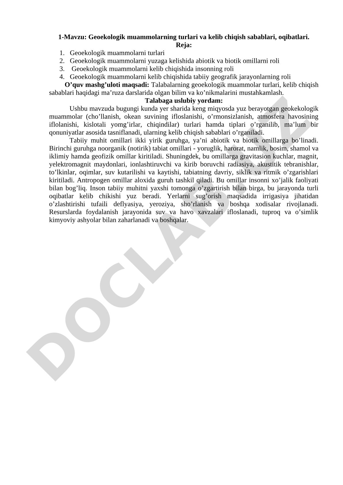 Geoekologik muammolarning turlari va kelib chiqish sabablari, oqibatlari