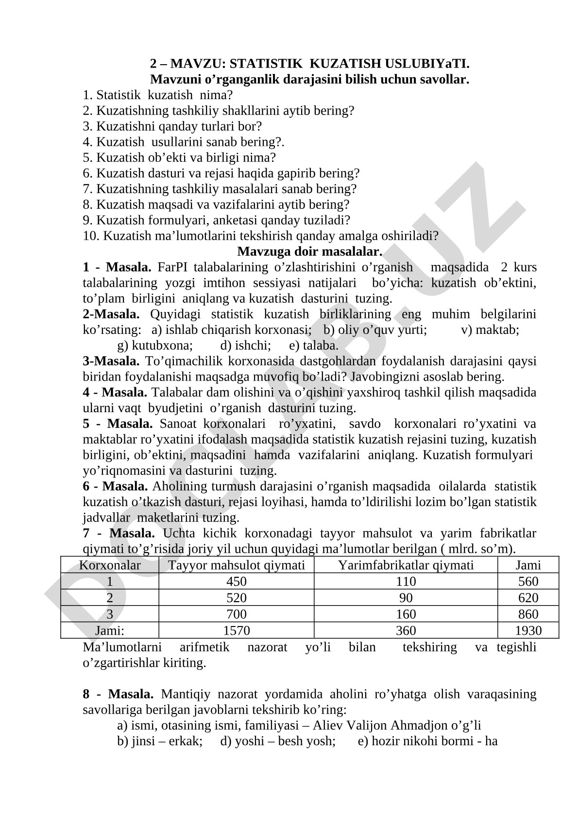 Statistik kuzatish uslubiyati bo'yicha savol va masalalar to'plami