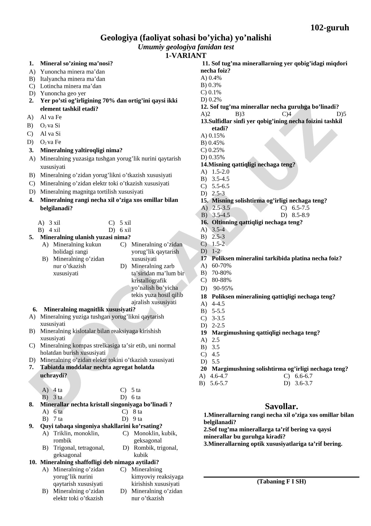 Umumiy geologiya fanidan test