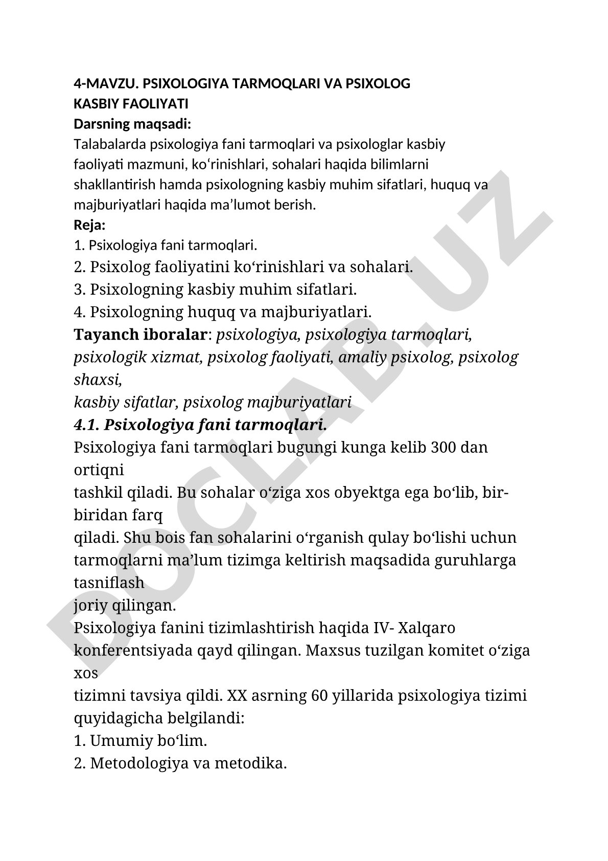 Psixologiya tarmoqlari va psixolog kasbiy faoliyati