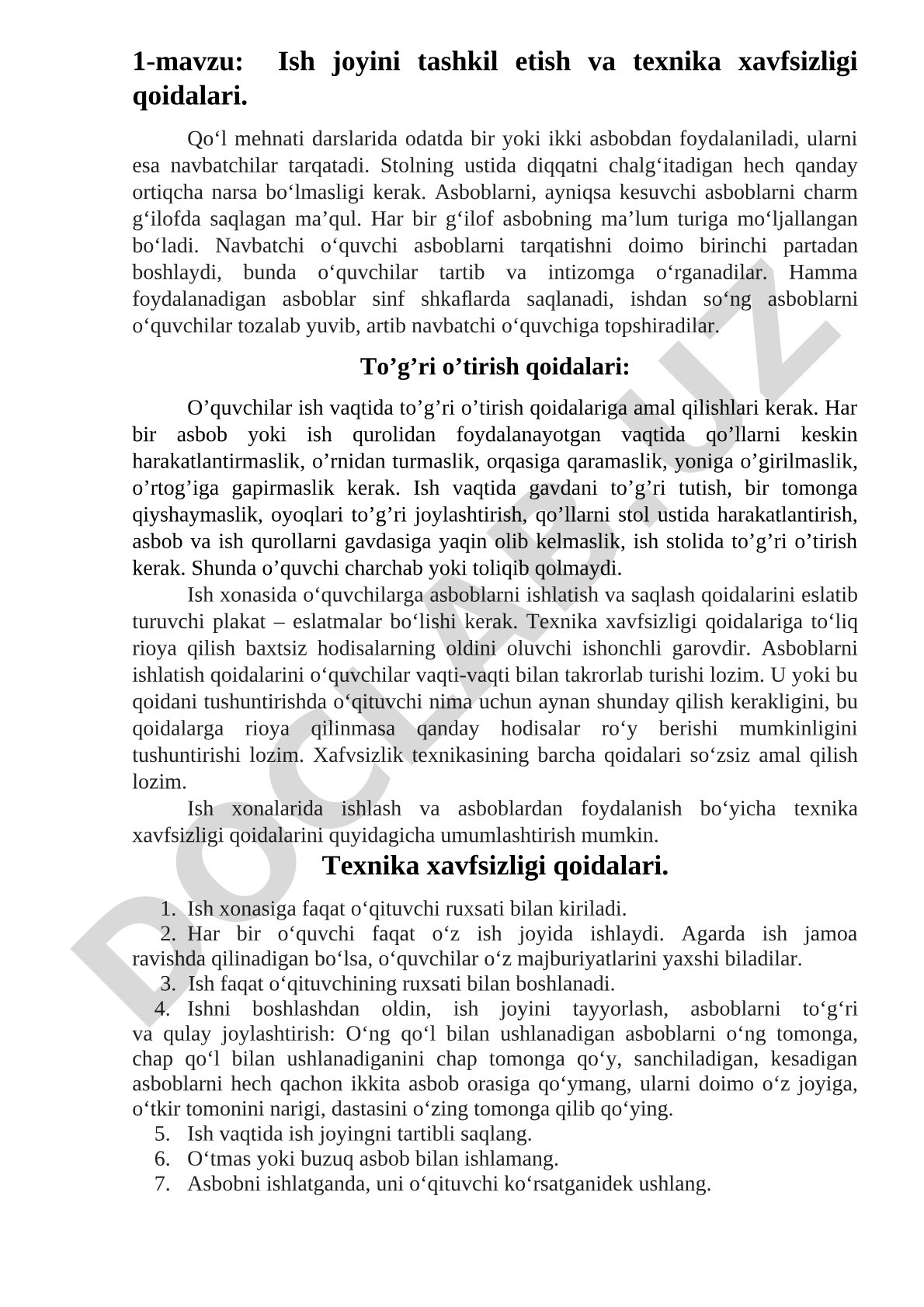 Ish joyini tashkil etish va texnika xavfsizligi qoidalari