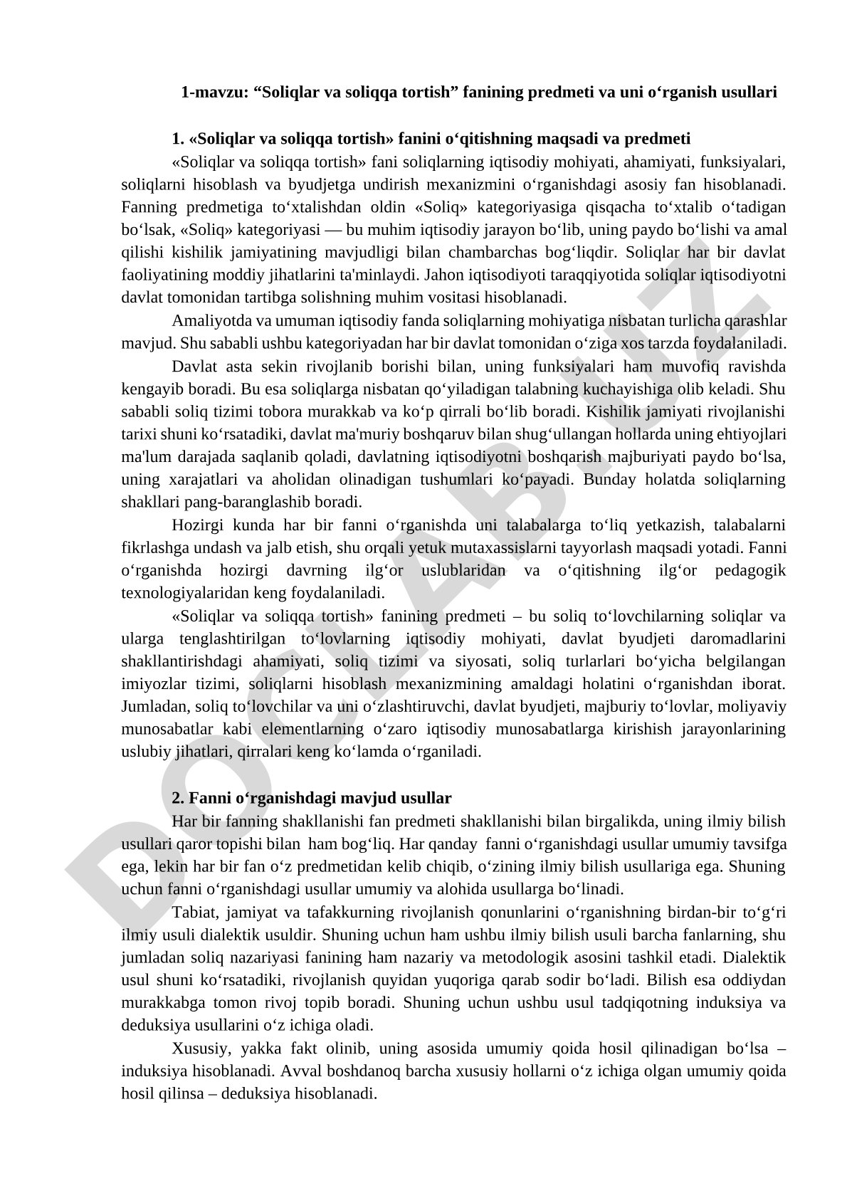 Soliqlar va soliqqa tortish fanining predmeti va uni o‘rganish usullari