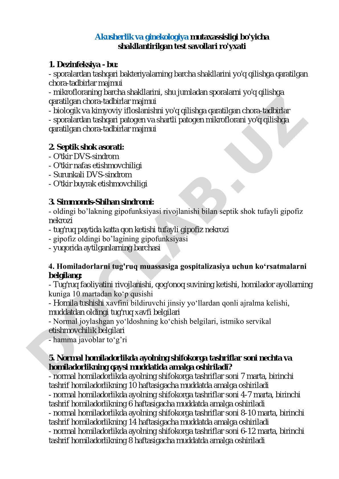 Akusherlik va ginekologiya mutaxassisligi bo'yicha test savollari