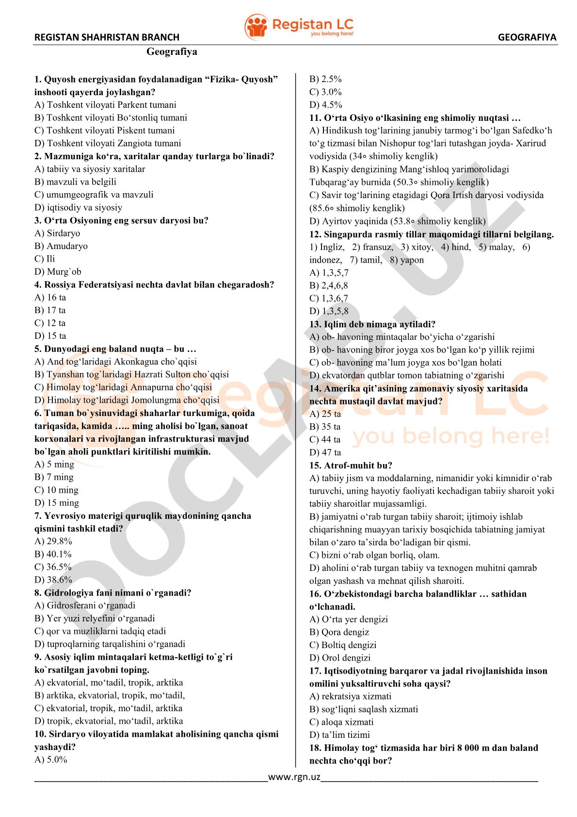 Geografiya test savollari