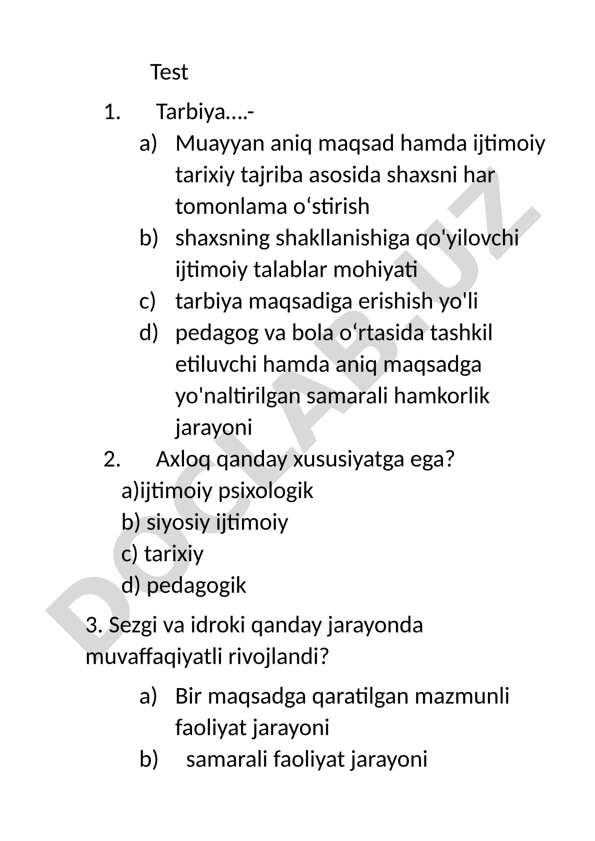 Tarbiya, axloq, estetik ehtiyoj, kreativlik bo'yicha test savollari