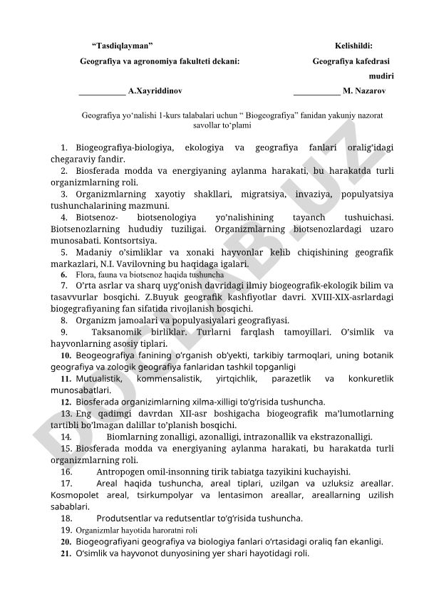 Biogeografiya fanidan yakuniy nazorat savollar to'plami