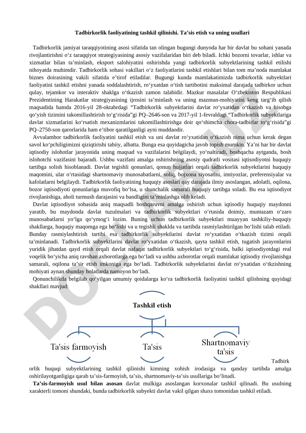 Tadbirkorlik faoliyatining tashkil qilinishi. Ta’sis etish va uning usullari