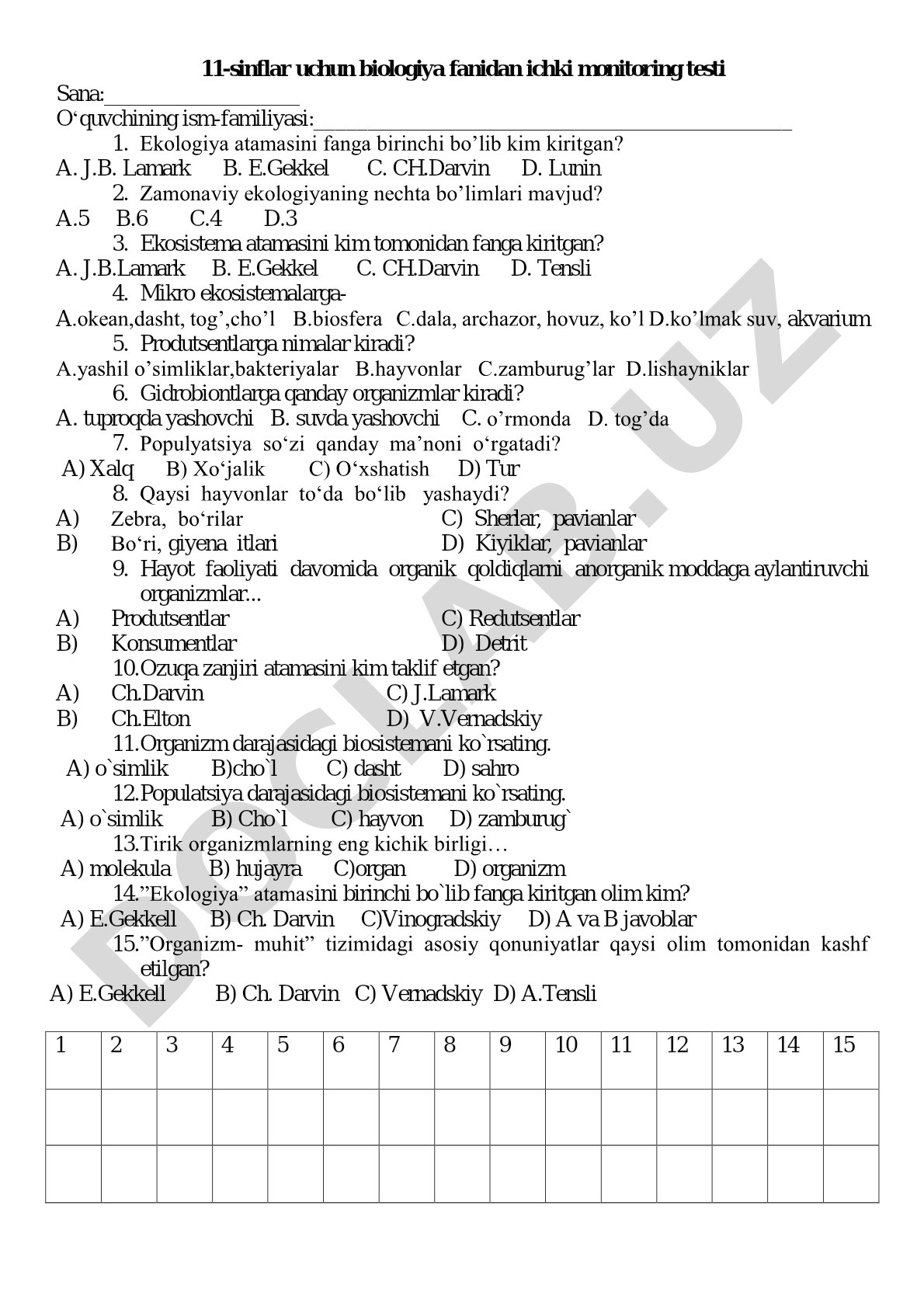 11-sinf biologiya fanidan ichki monitoring testi