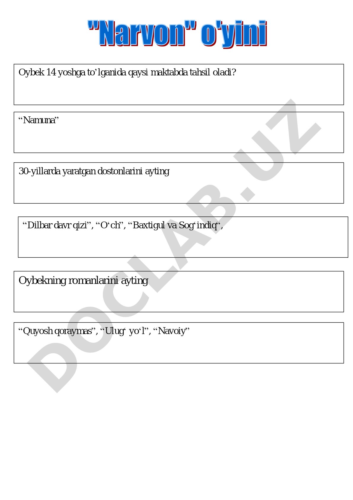 Oybek hayoti va ijodi haqida test savollari