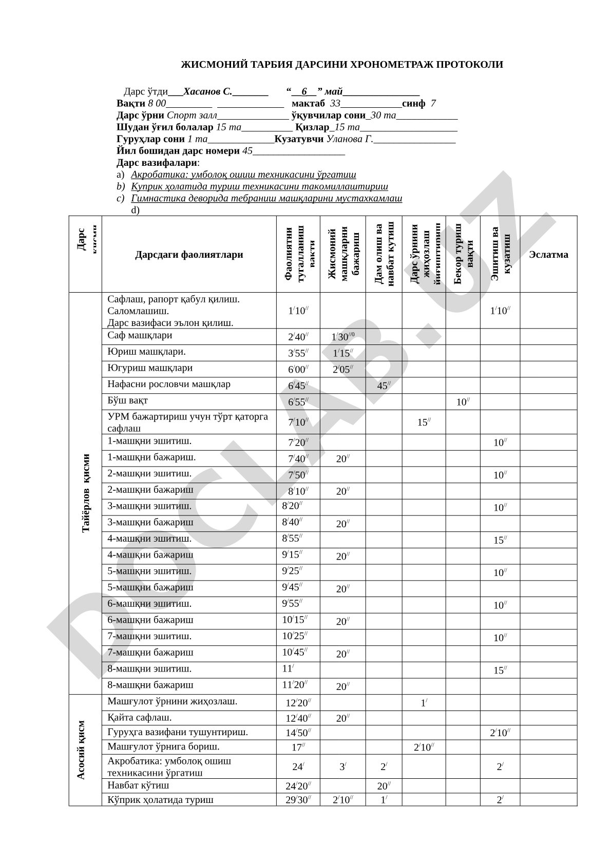 Жисмоний тарбия дарсини хронометраж протоколи