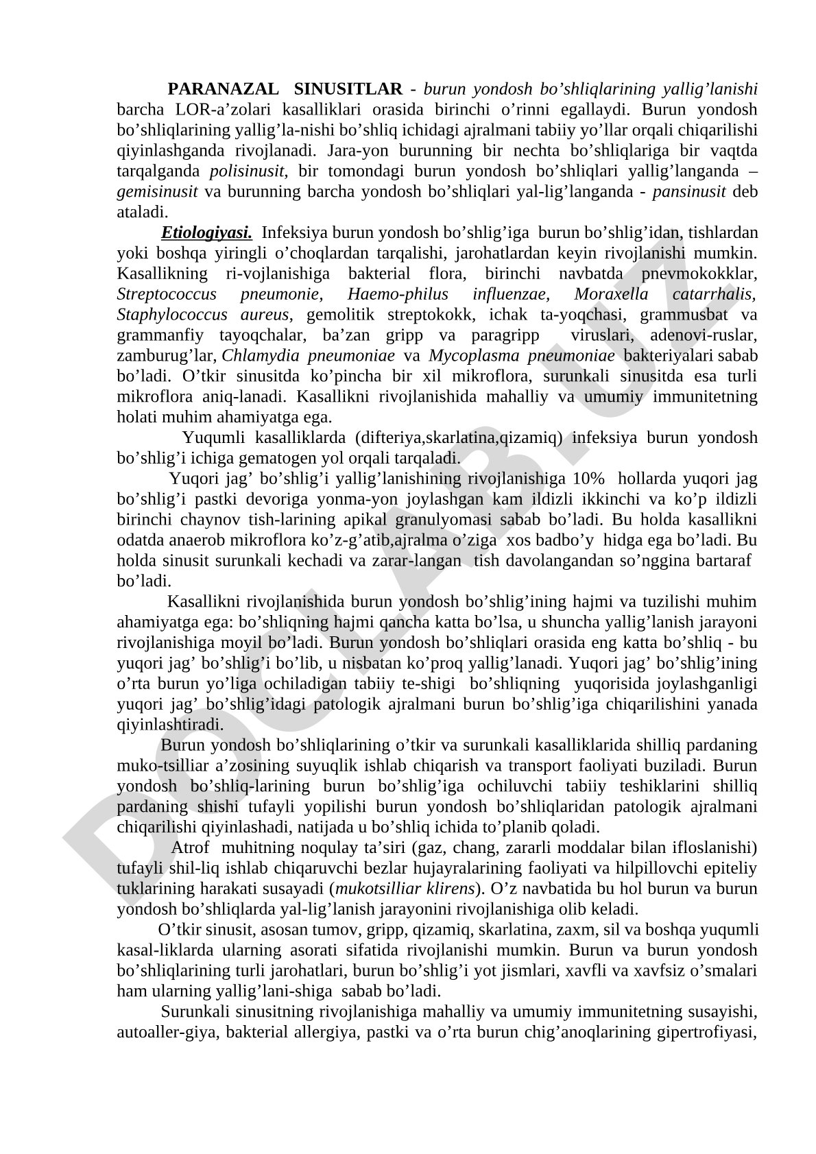 Paranazal sinusitlar etiologiyasi va tasnifi