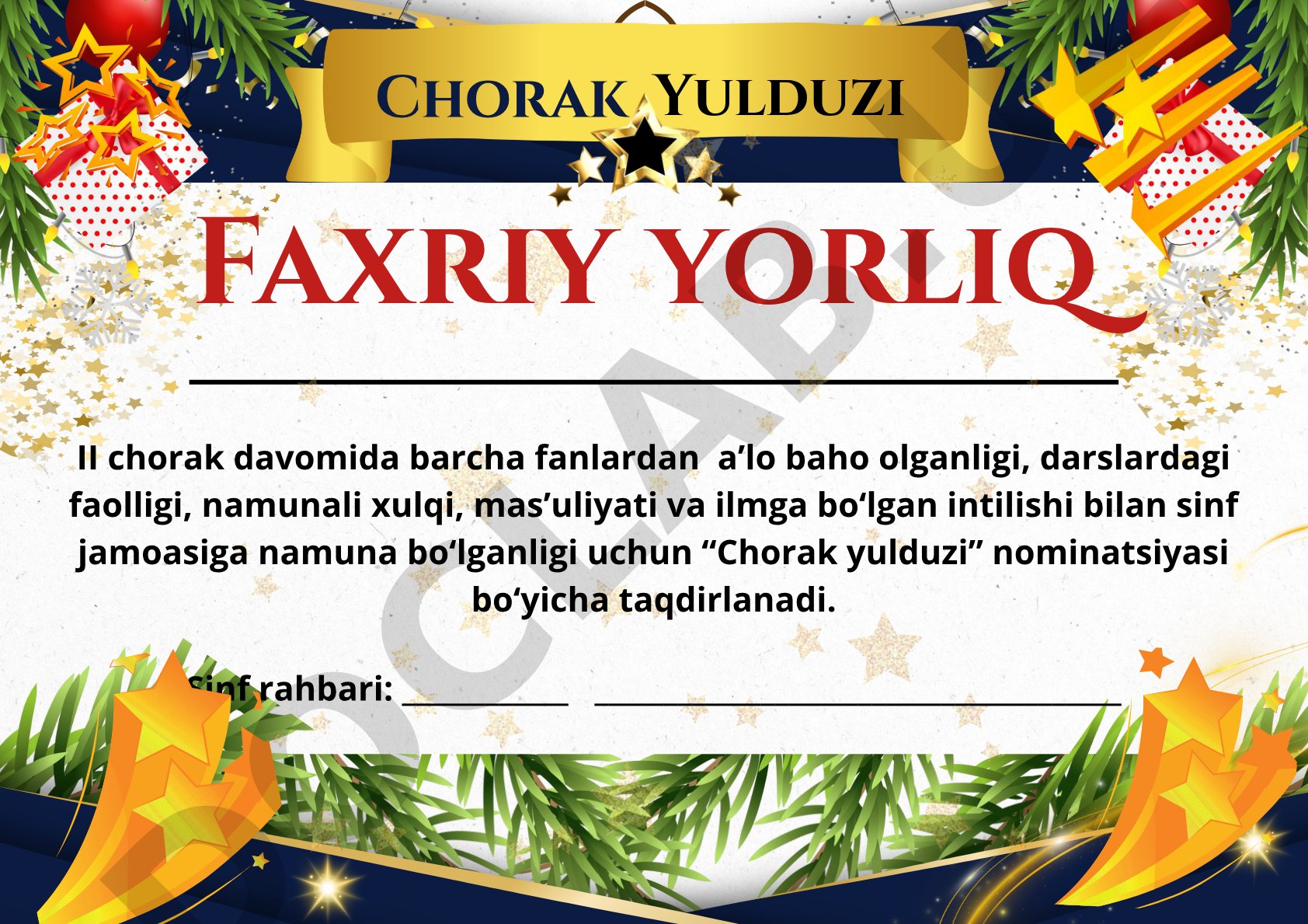 II chorak davomida a'lo baho olgan o'quvchilarga beriladigan faxriy yorliq namunalari