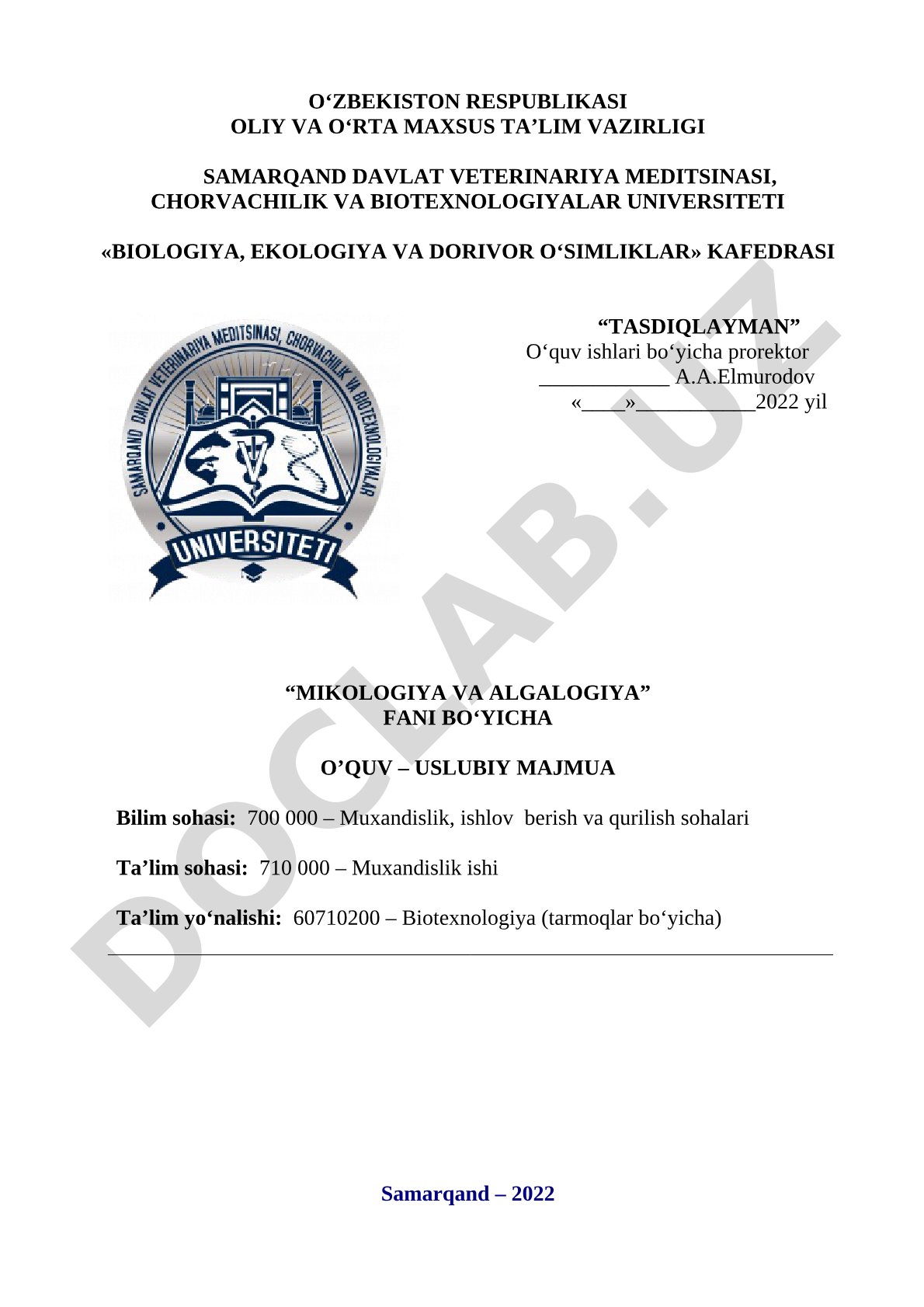 Mikologiya va algologiya fani bo‘yicha o‘quv – uslubiy majmua