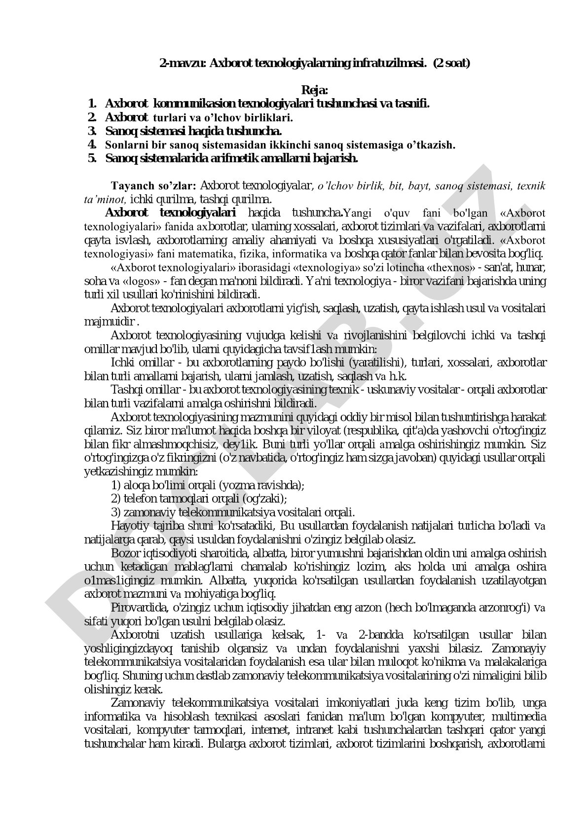Axborot texnologiyalari tushunchasi, axborot turlari, sanoq sistemalari va arifmetik