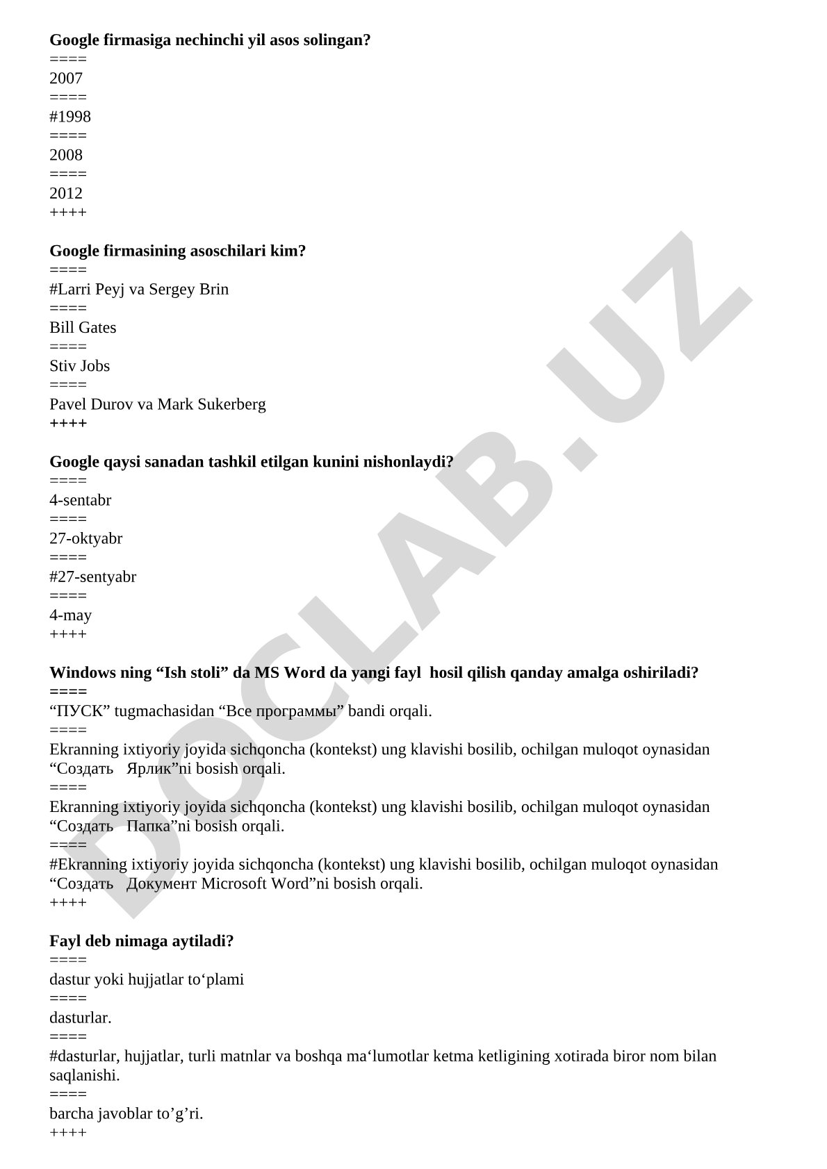 Google va Windows haqida test savollari