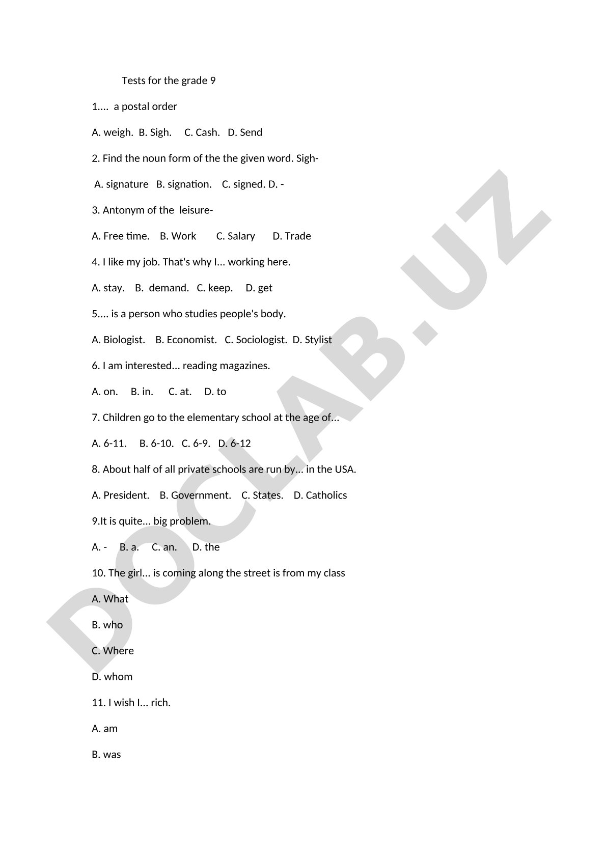 Grade 9 English Test