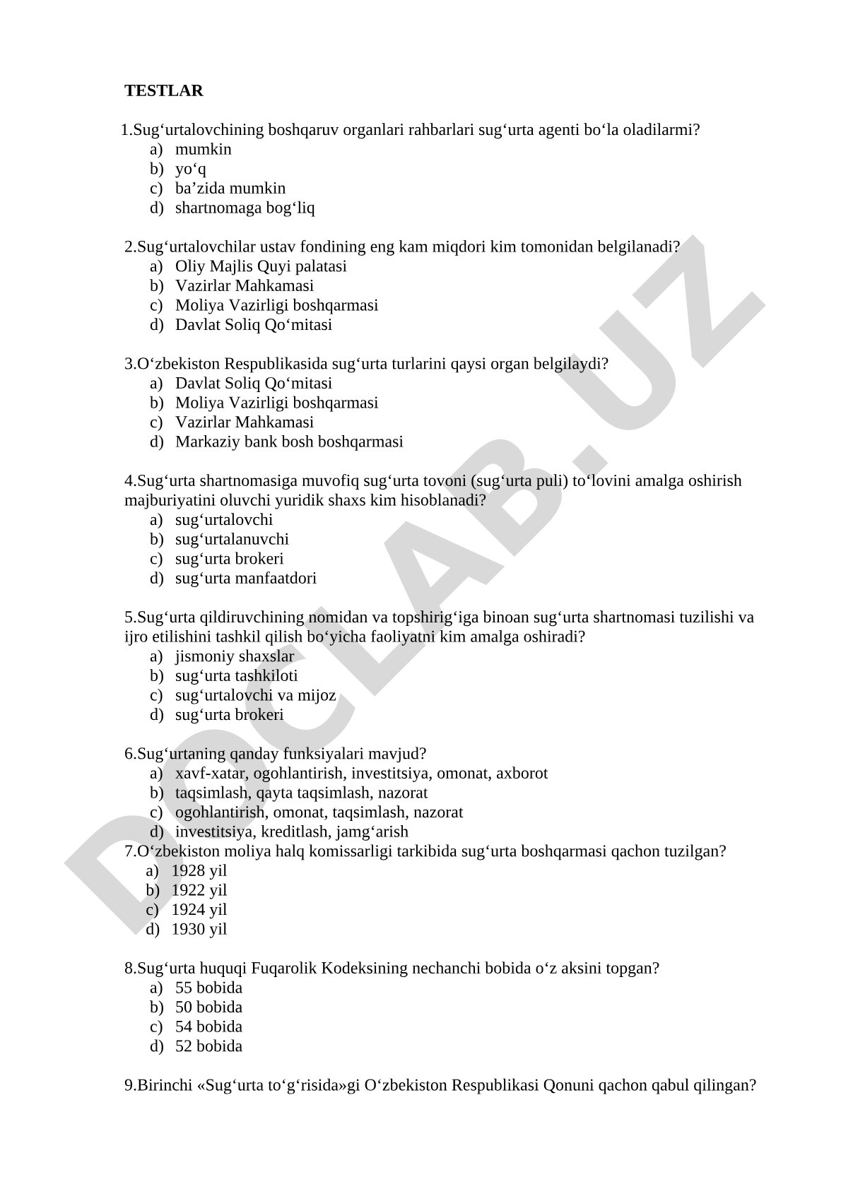 Sug'urta bo'yicha test savollari