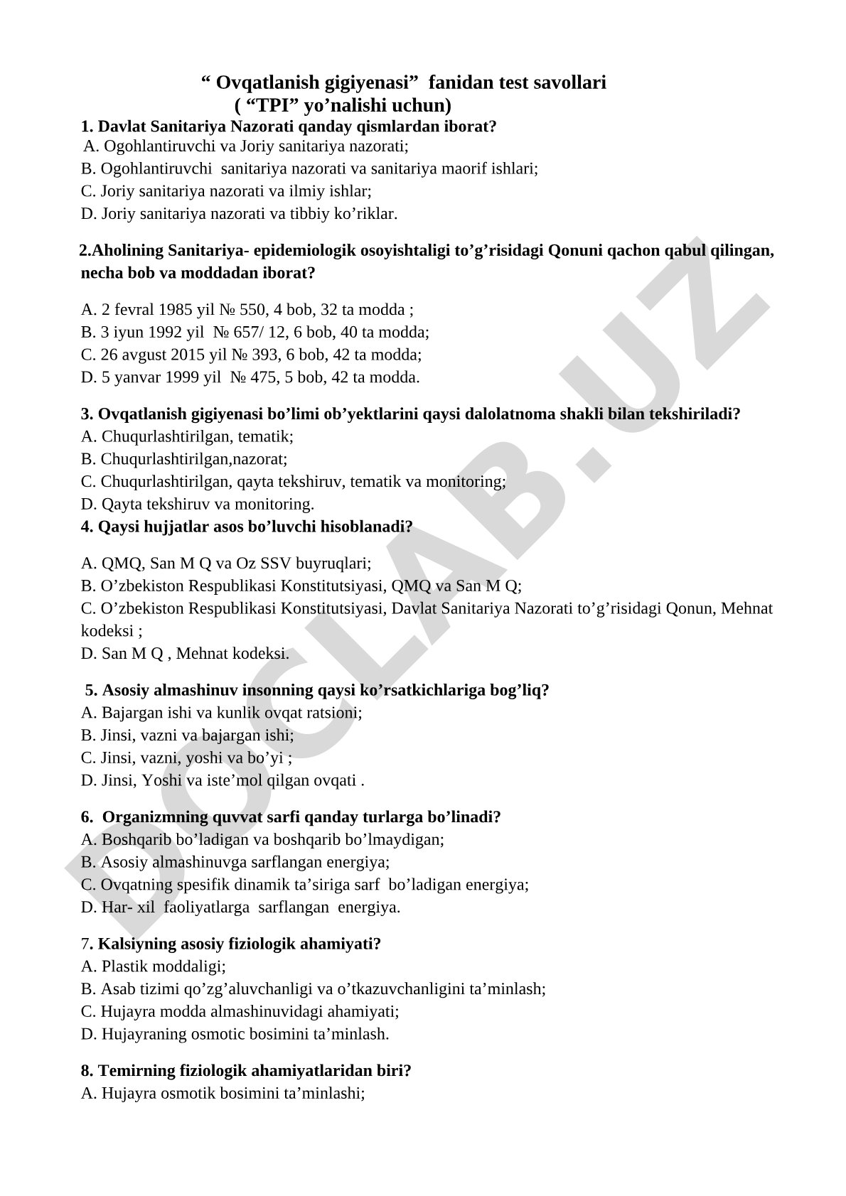 Ovqatlanish gigiyenasi fanidan test savollari (TPI yo'nalishi uchun)