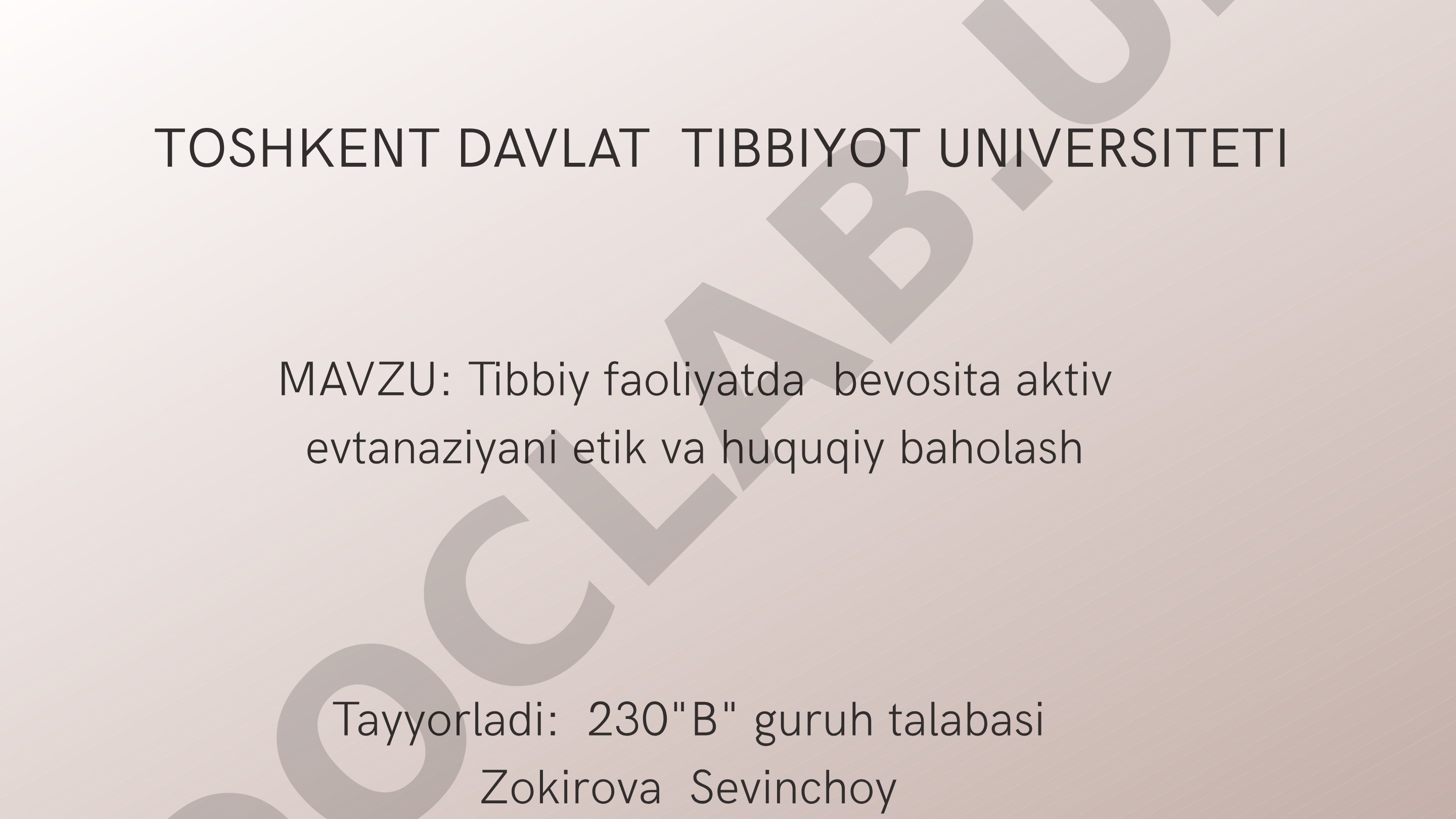 Tibbiy faoliyatda bevosita aktiv evtanaziyani etik va huquqiy baholash
