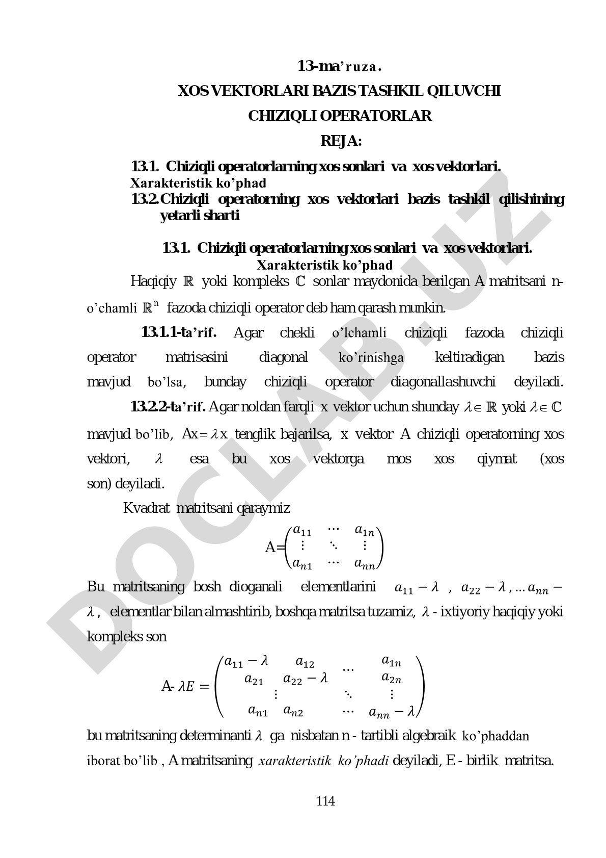 Xos vektorlari bazis tashkil qiluvchi chiziqli operatorlar