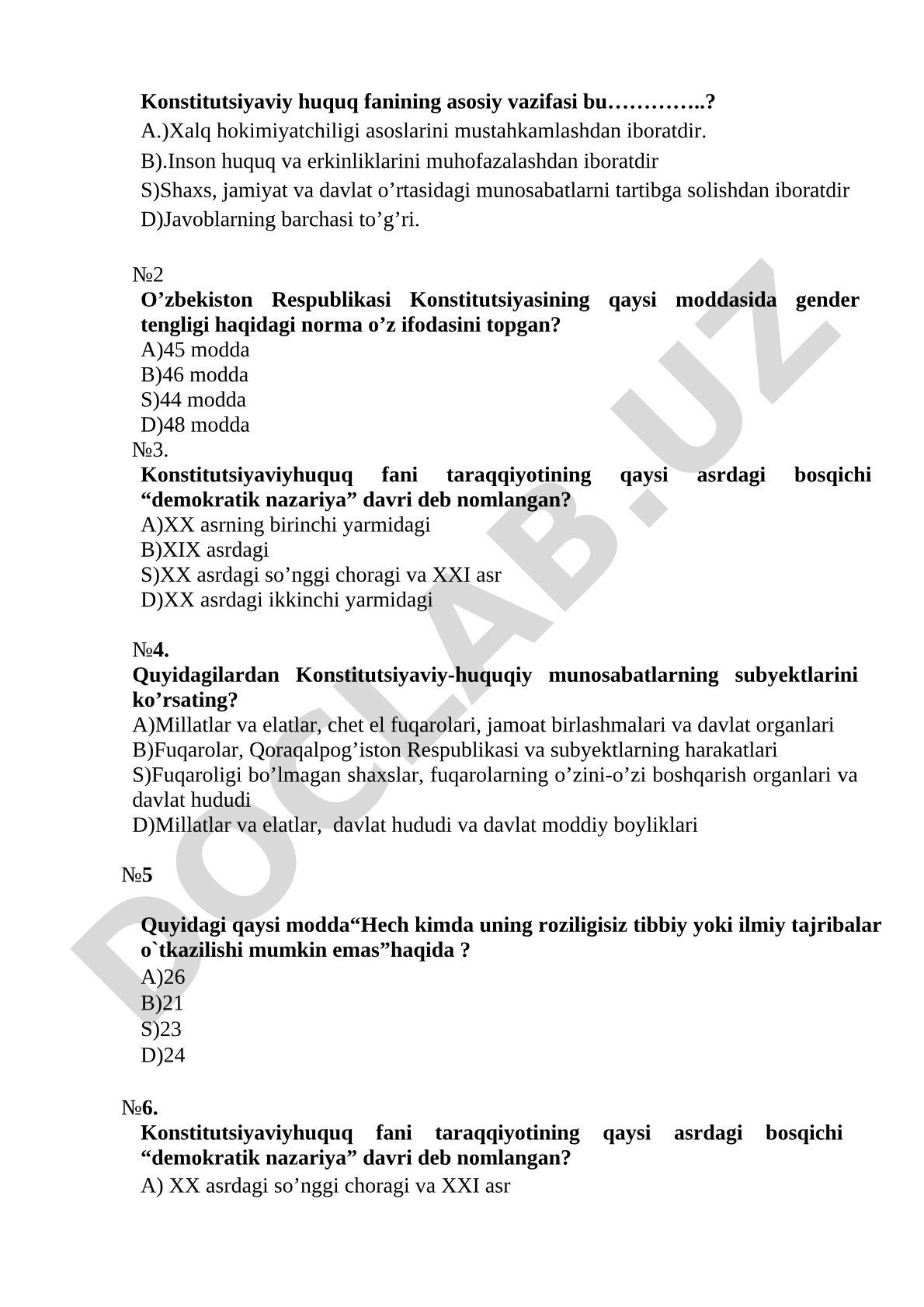 Konstitutsiyaviy huquq fanidan test savollari