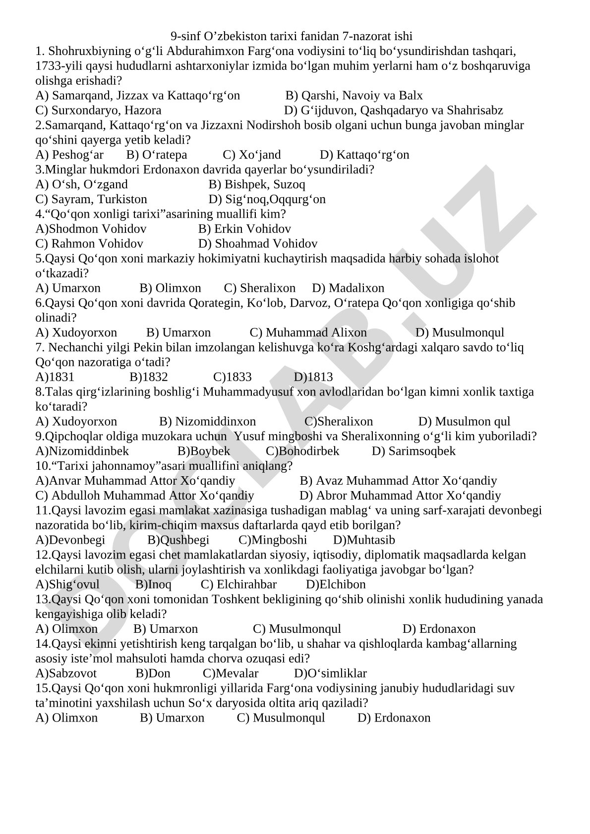 9-sinf O'zbekiston tarixi fanidan 7-nazorat ishi