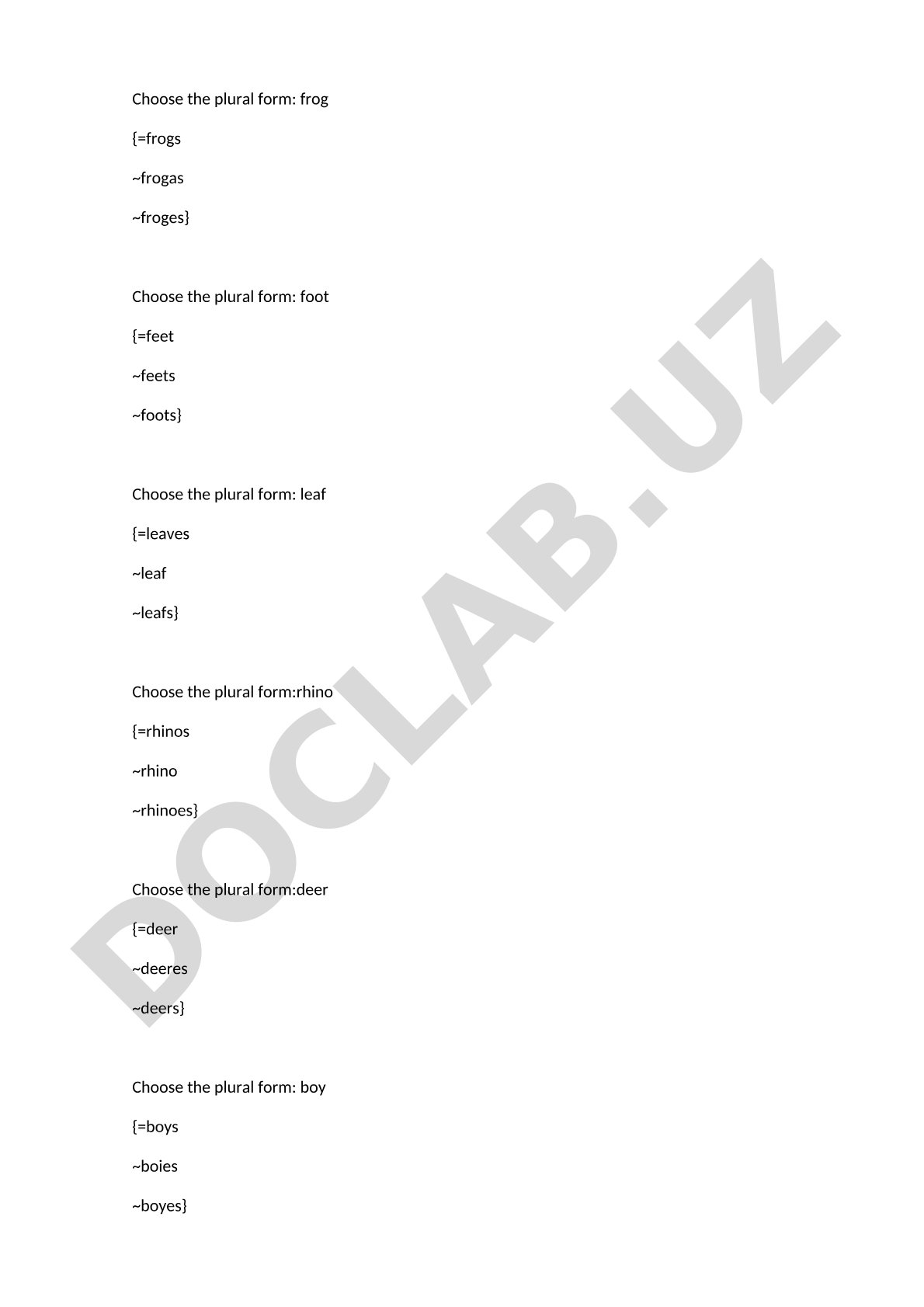 Plurals, pronouns, and articles multiple choice