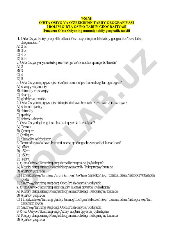 O'rta Osiyoning umumiy tabiiy geografik tavsifi
