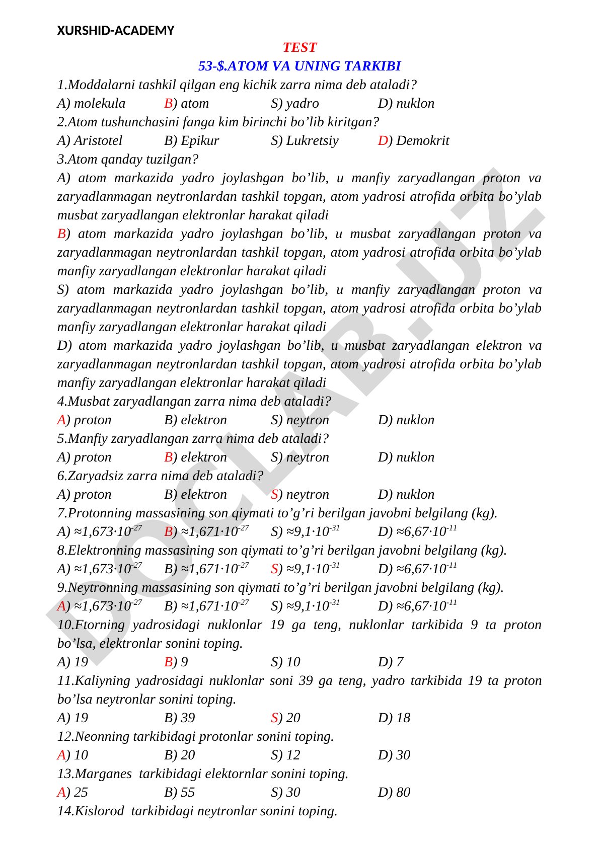 Test 53-$.Atom va uning tarkibi