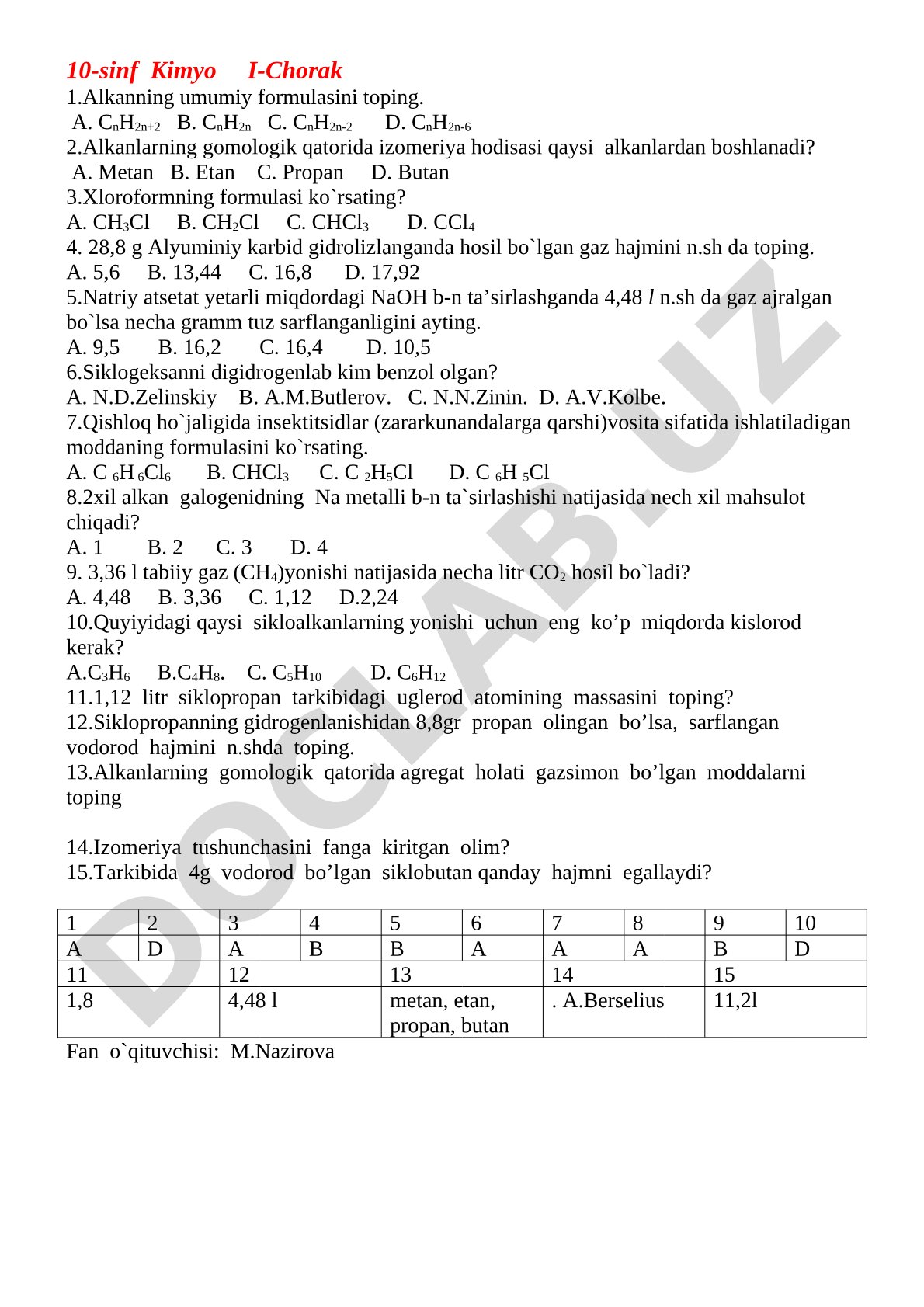 10-sinf Kimyo I-chorak test savollari