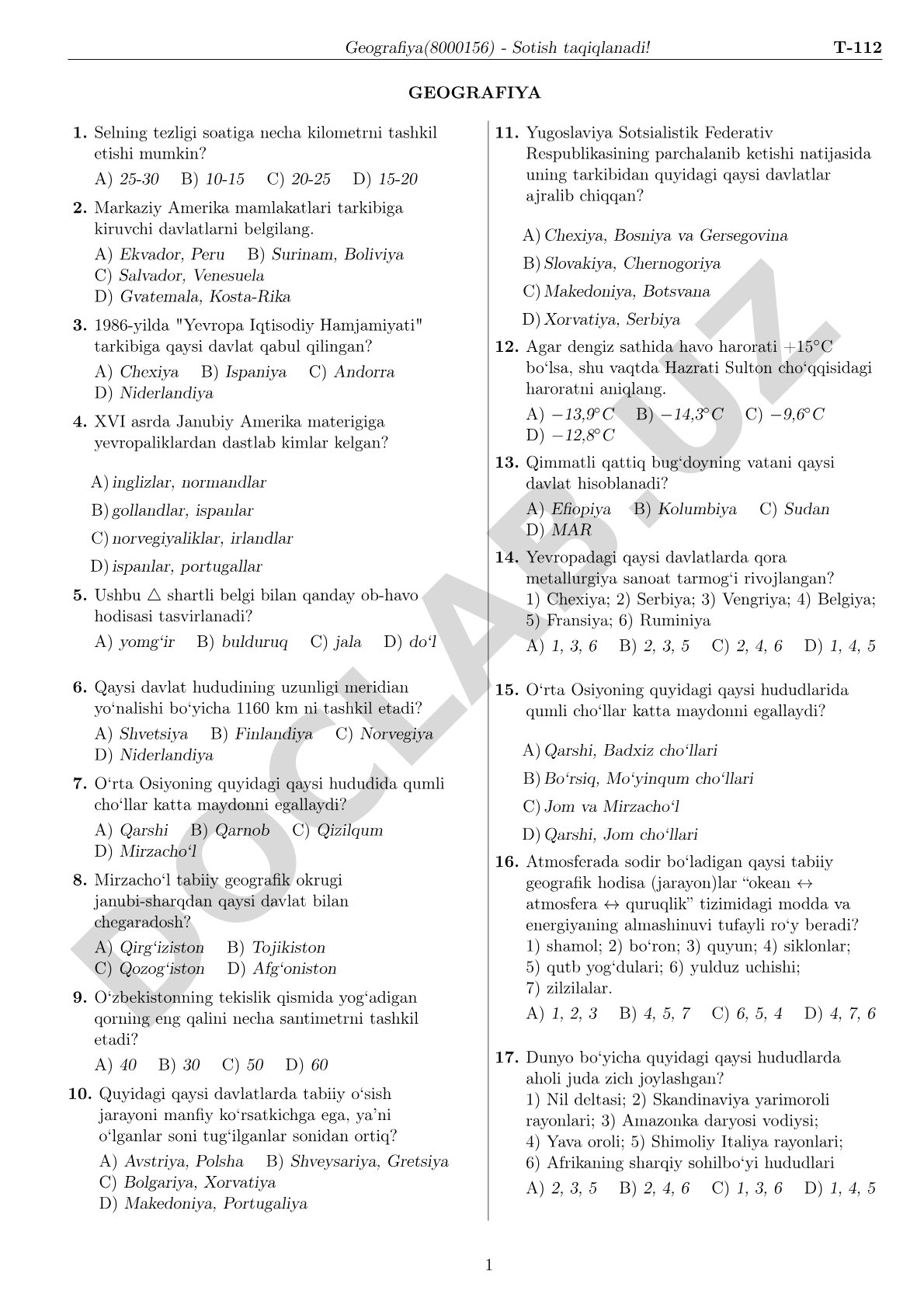 Geografiya fanidan test savollari